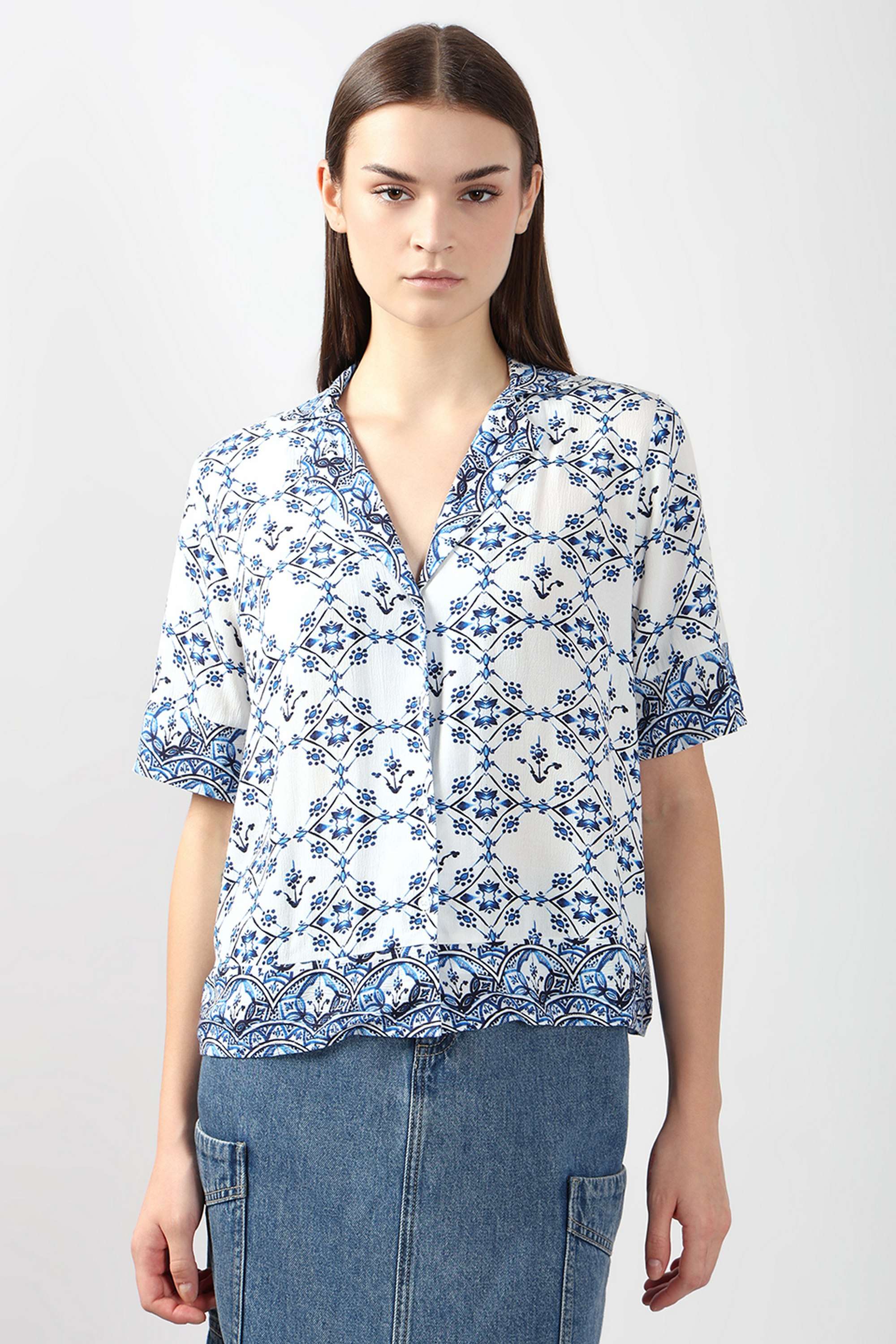 Printed-V-Neck-Viscose-Women-s-Casual-Wear-Shirt