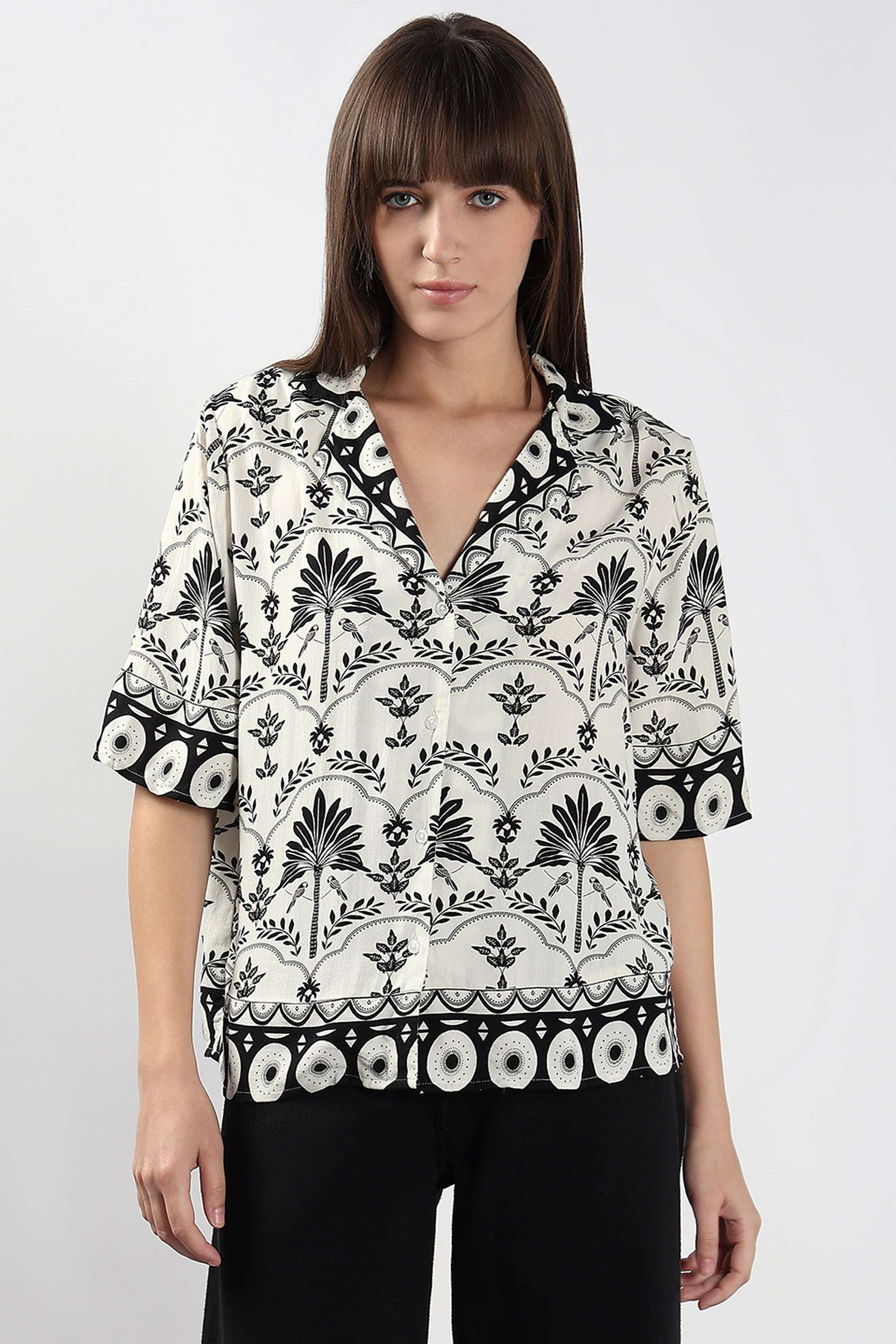 Printed-V-Neck-Viscose-Women-s-Casual-Wear-Shirt