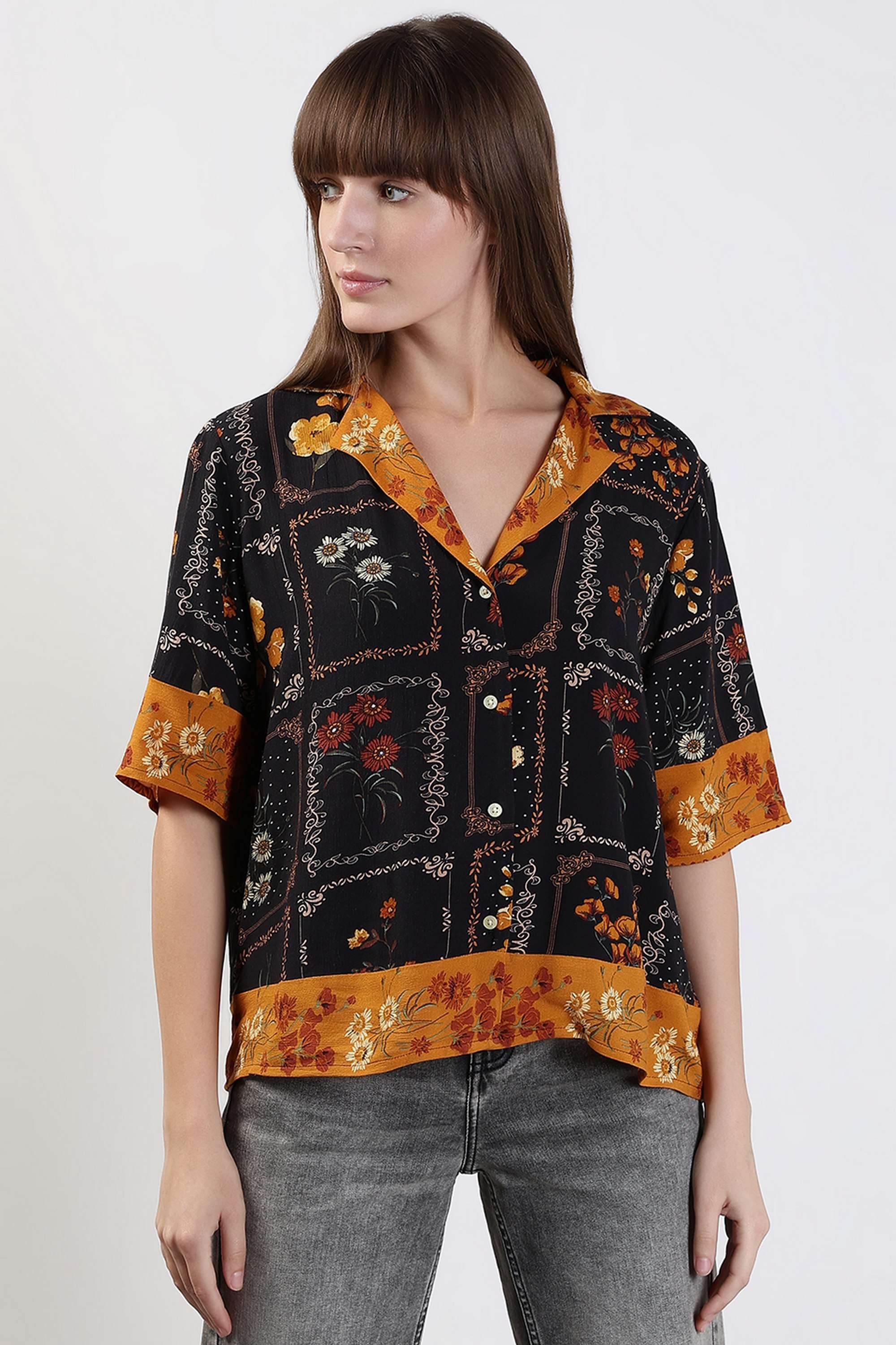 Printed-V-Neck-Viscose-Women-s-Casual-Wear-Shirt