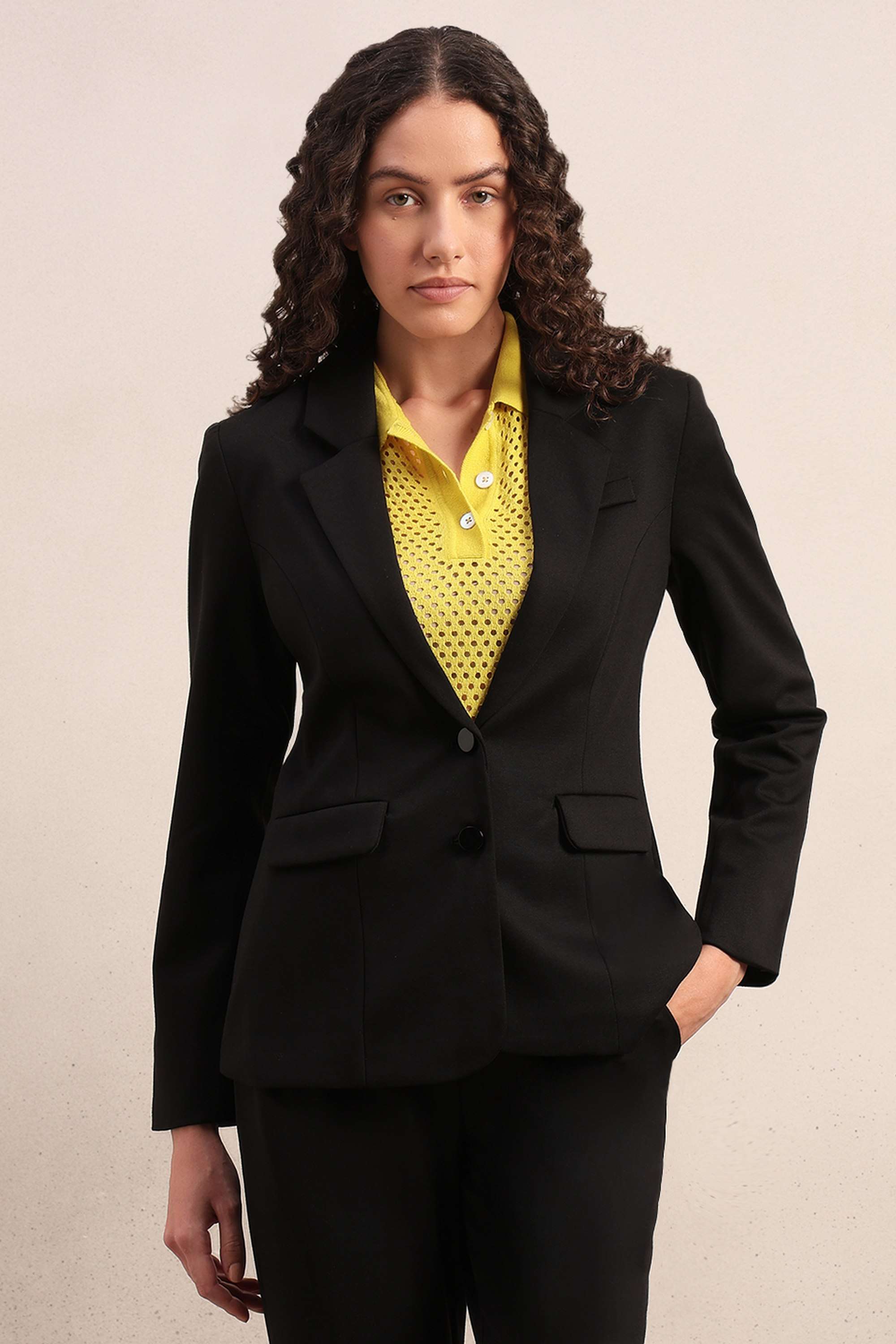 Solid-Collared-Blended-Fabric-Women-s-Formal-Wear-Blazer