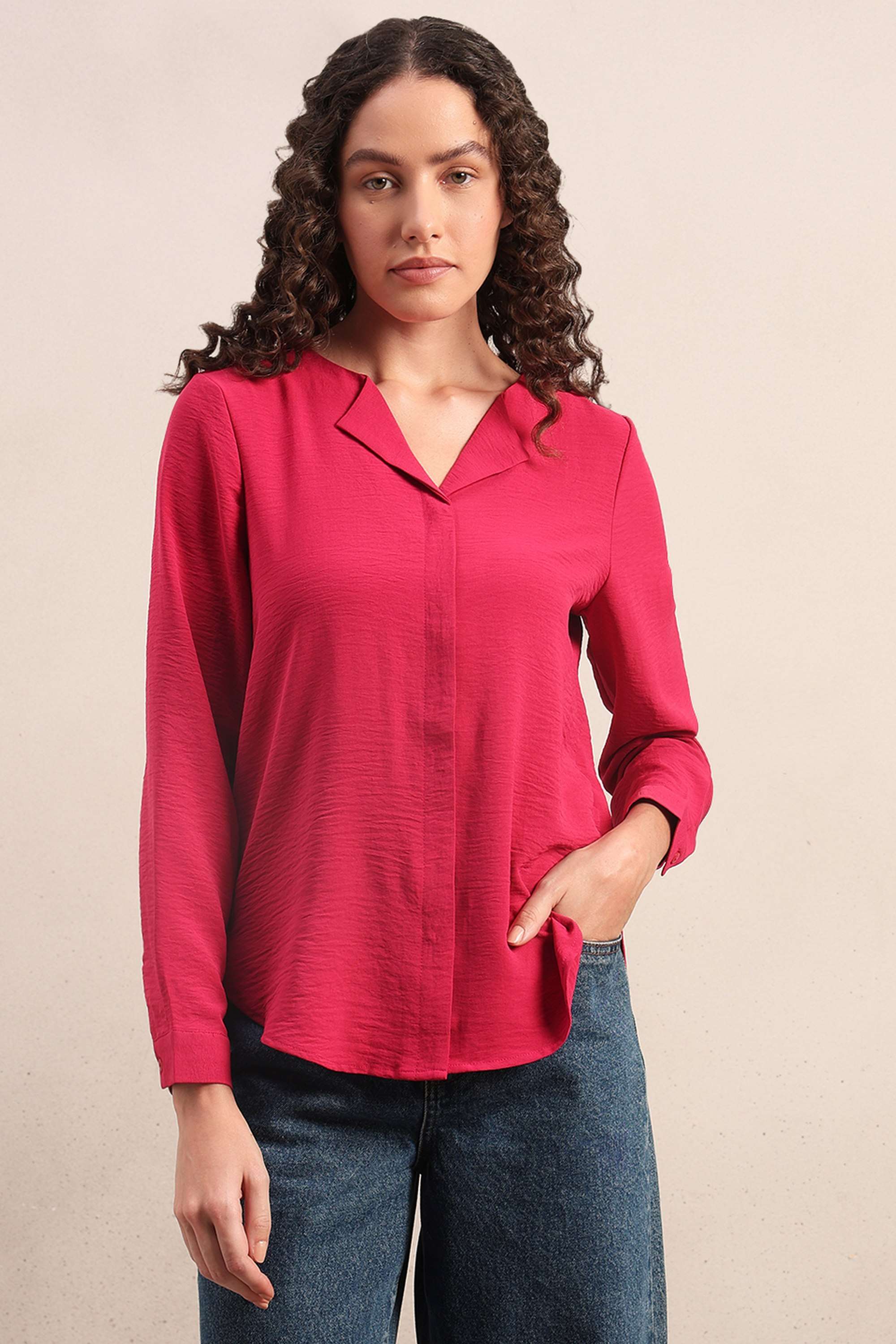 Solid-Collared-Blended-Fabric-Women-Casual-Wear-Shirt