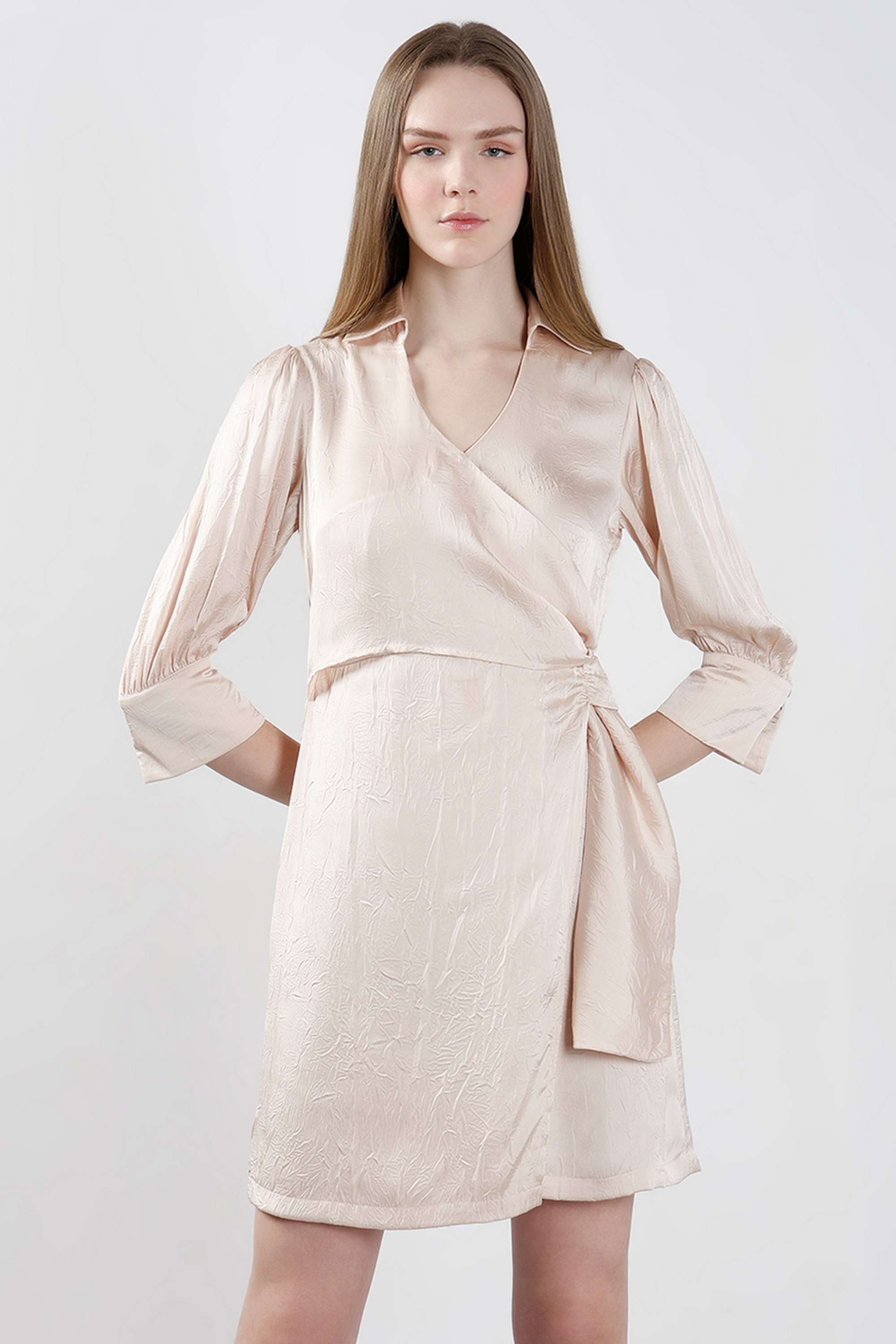 Solid-V-Neck-Polyester-Women-s-Dress