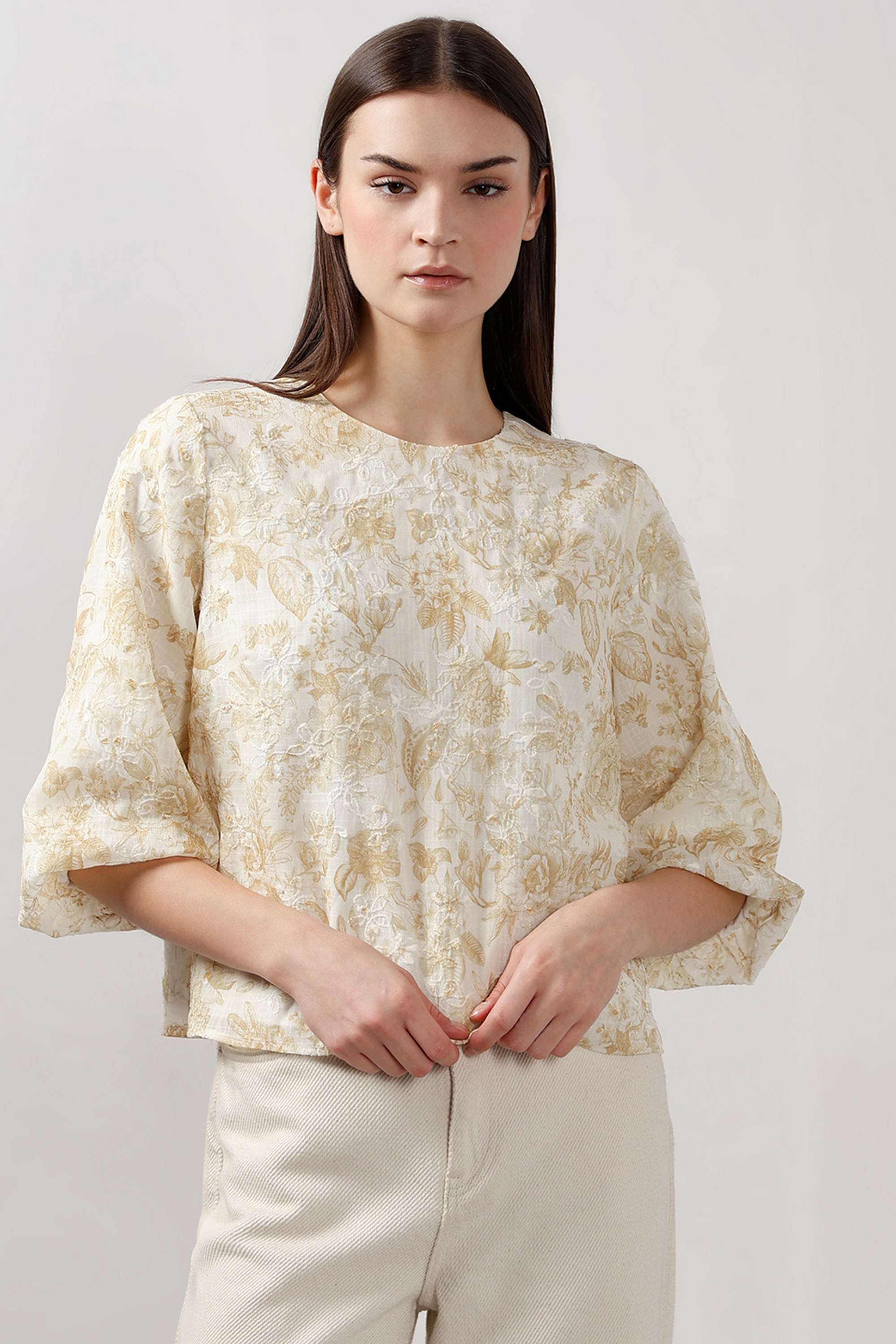 Textured-Polyester-Round-Neck-Women-s-Top