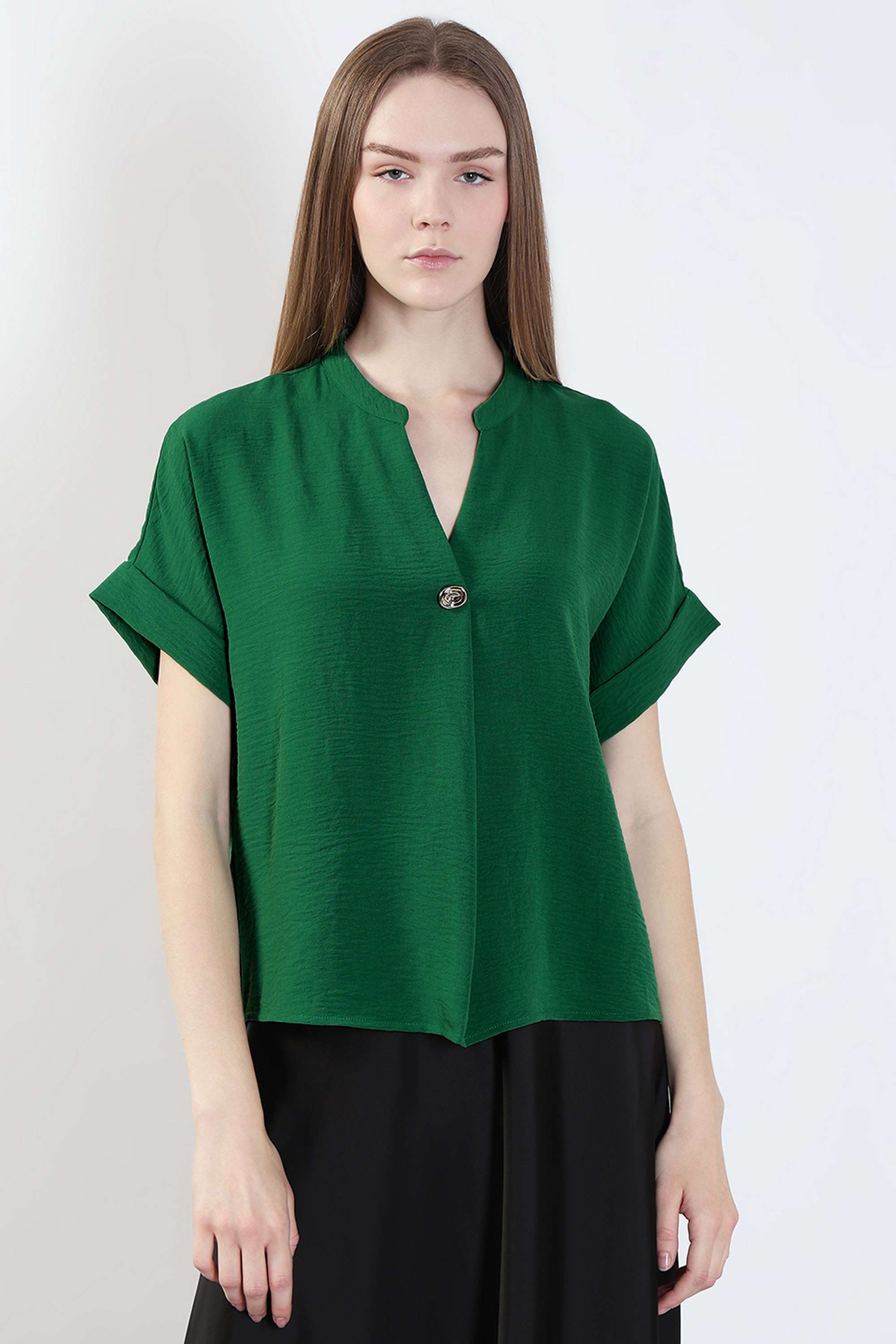 Solid-Polyester-V-Neck-Women-s-Top