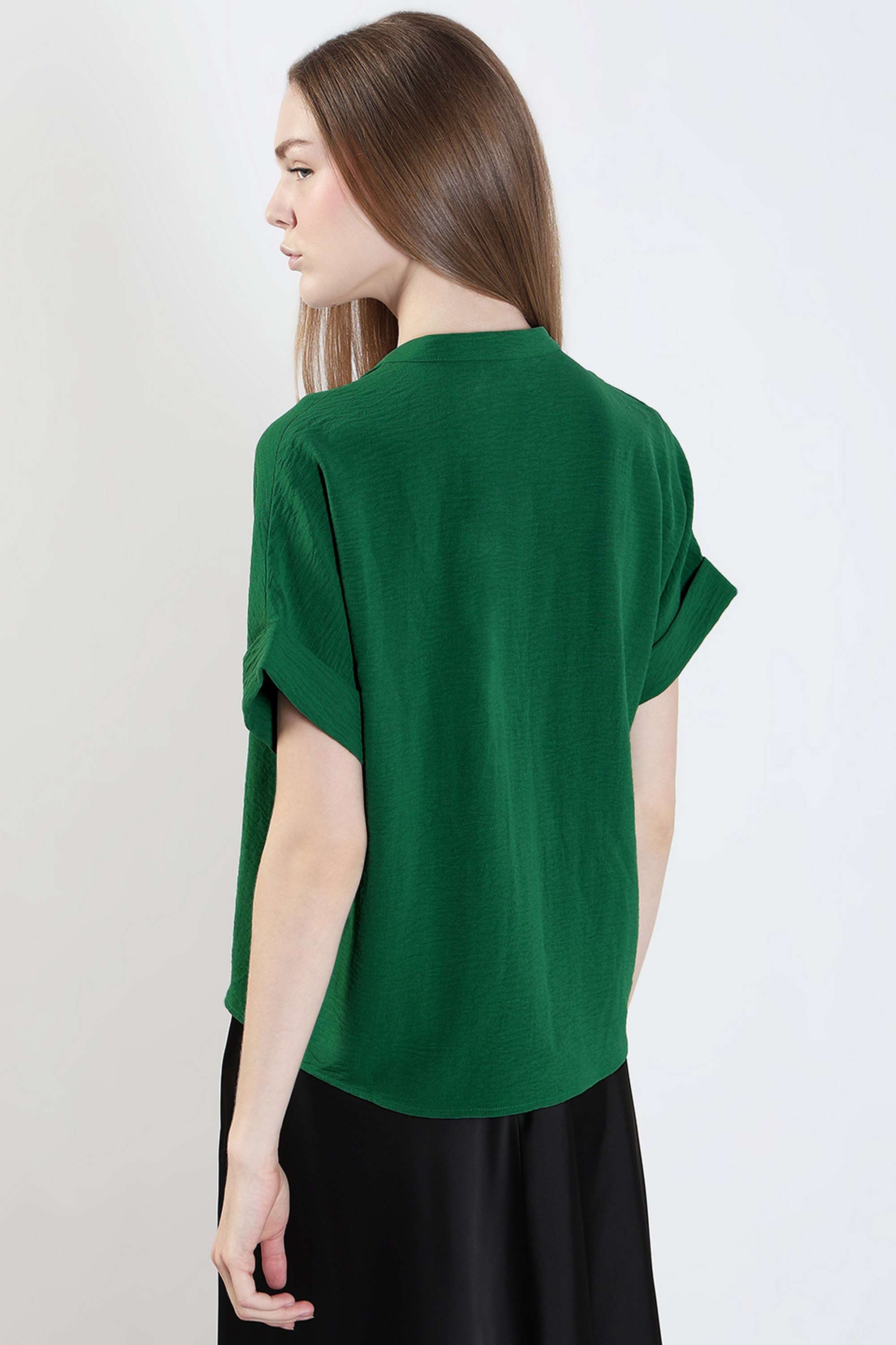 Solid-Polyester-V-Neck-Women-s-Top