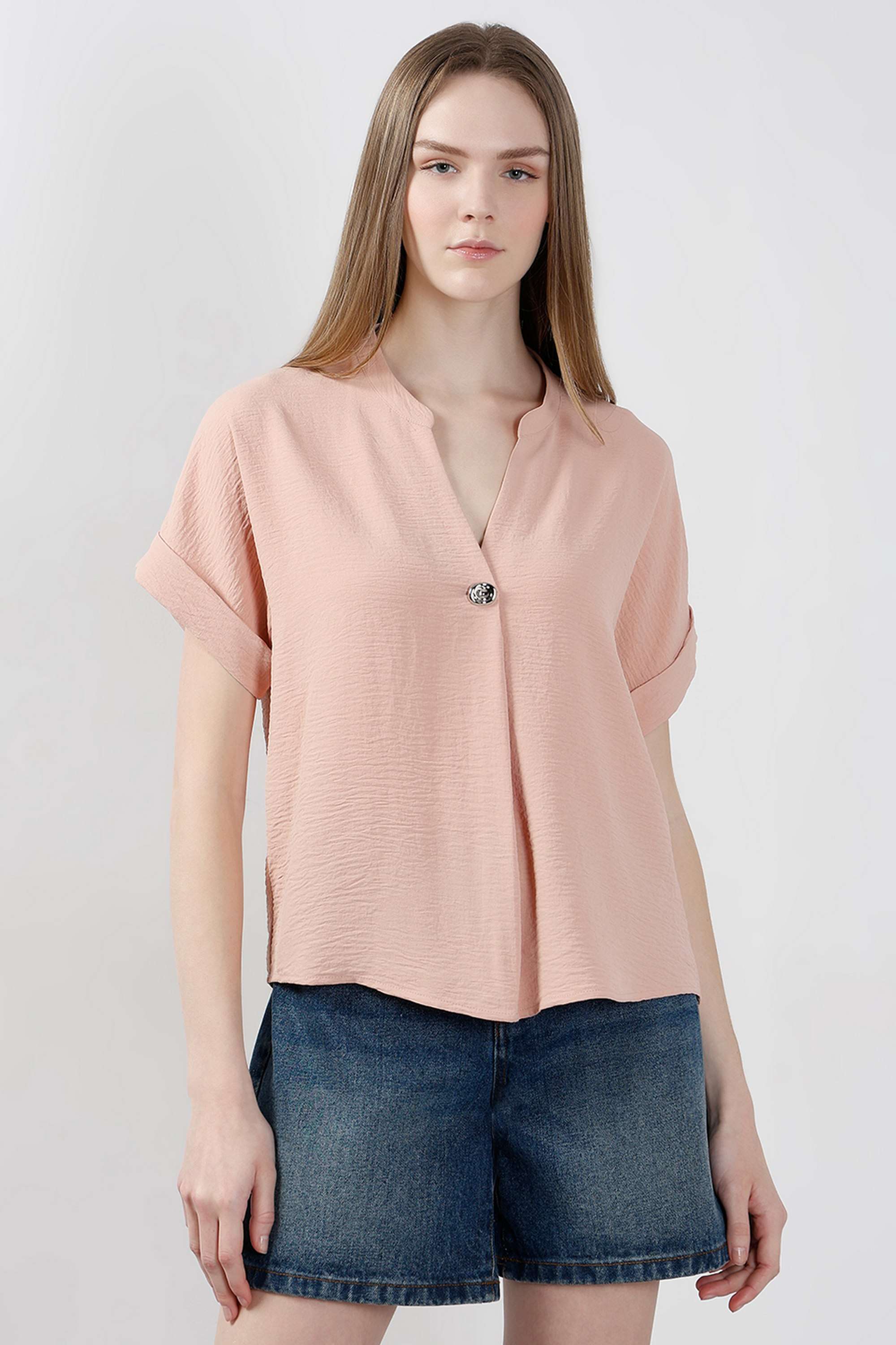 Solid-Polyester-V-Neck-Women-s-Top