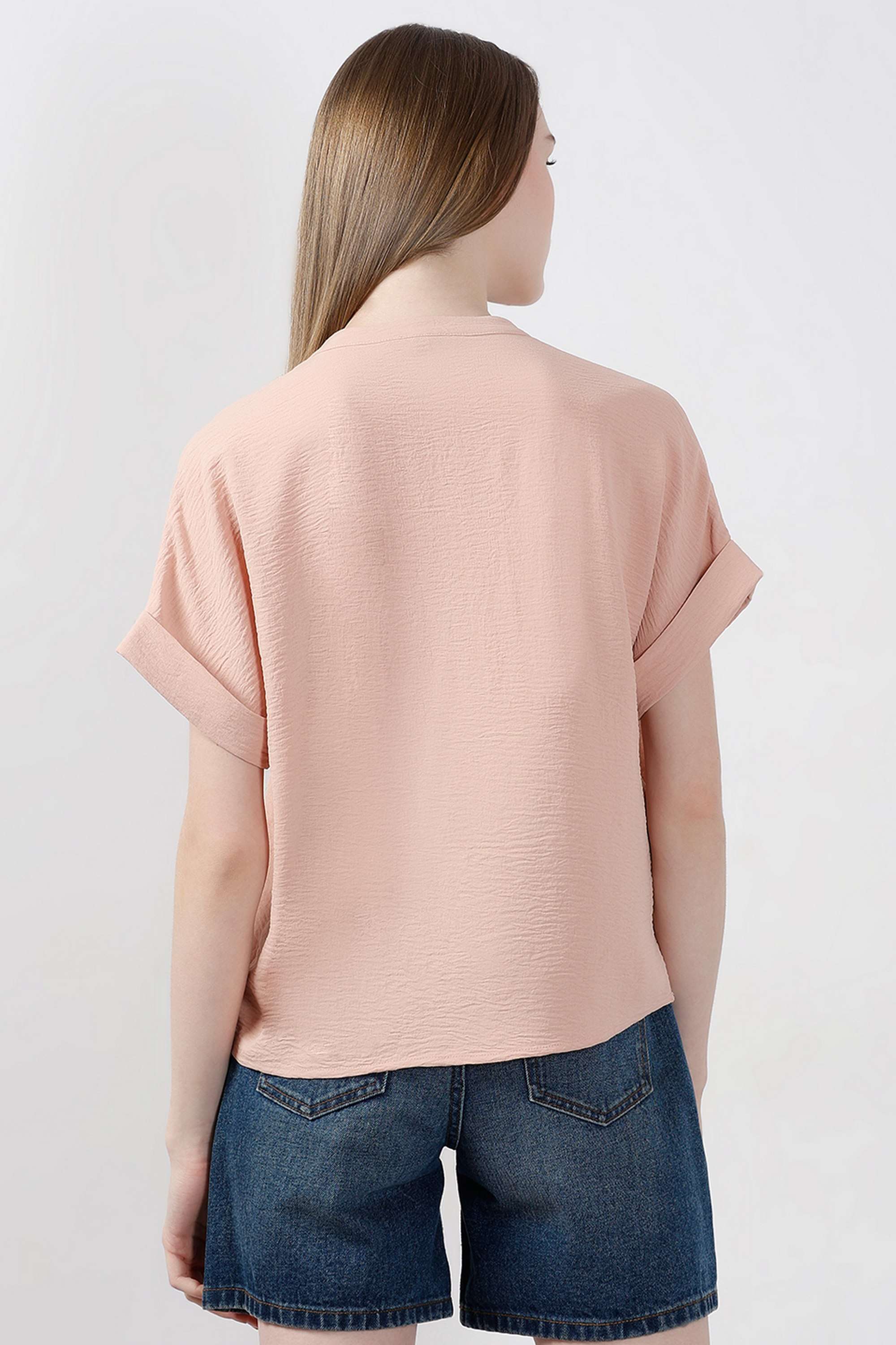 Solid-Polyester-V-Neck-Women-s-Top