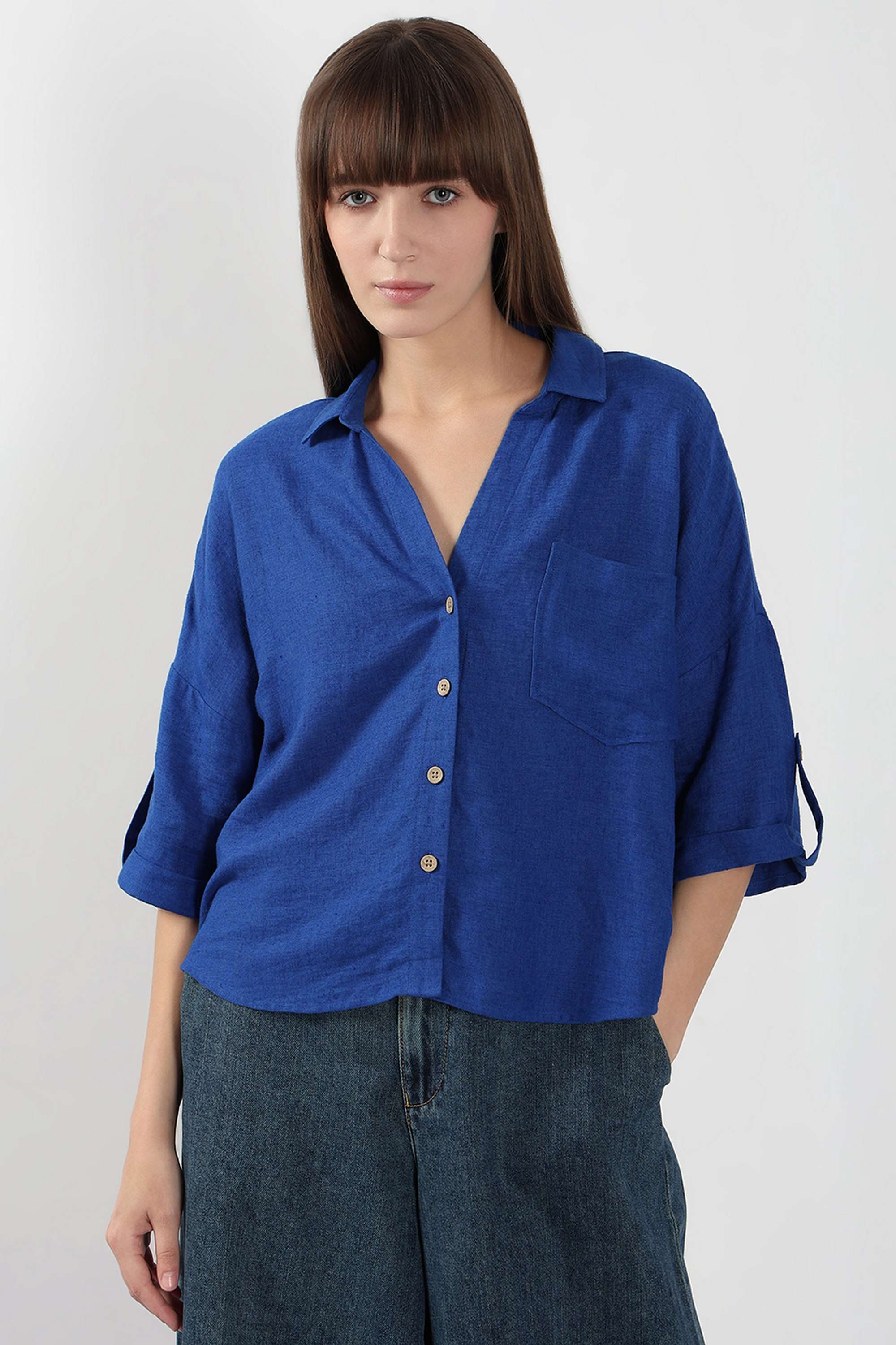 Solid-V-Neck-Viscose-Women-s-Casual-Wear-Shirt
