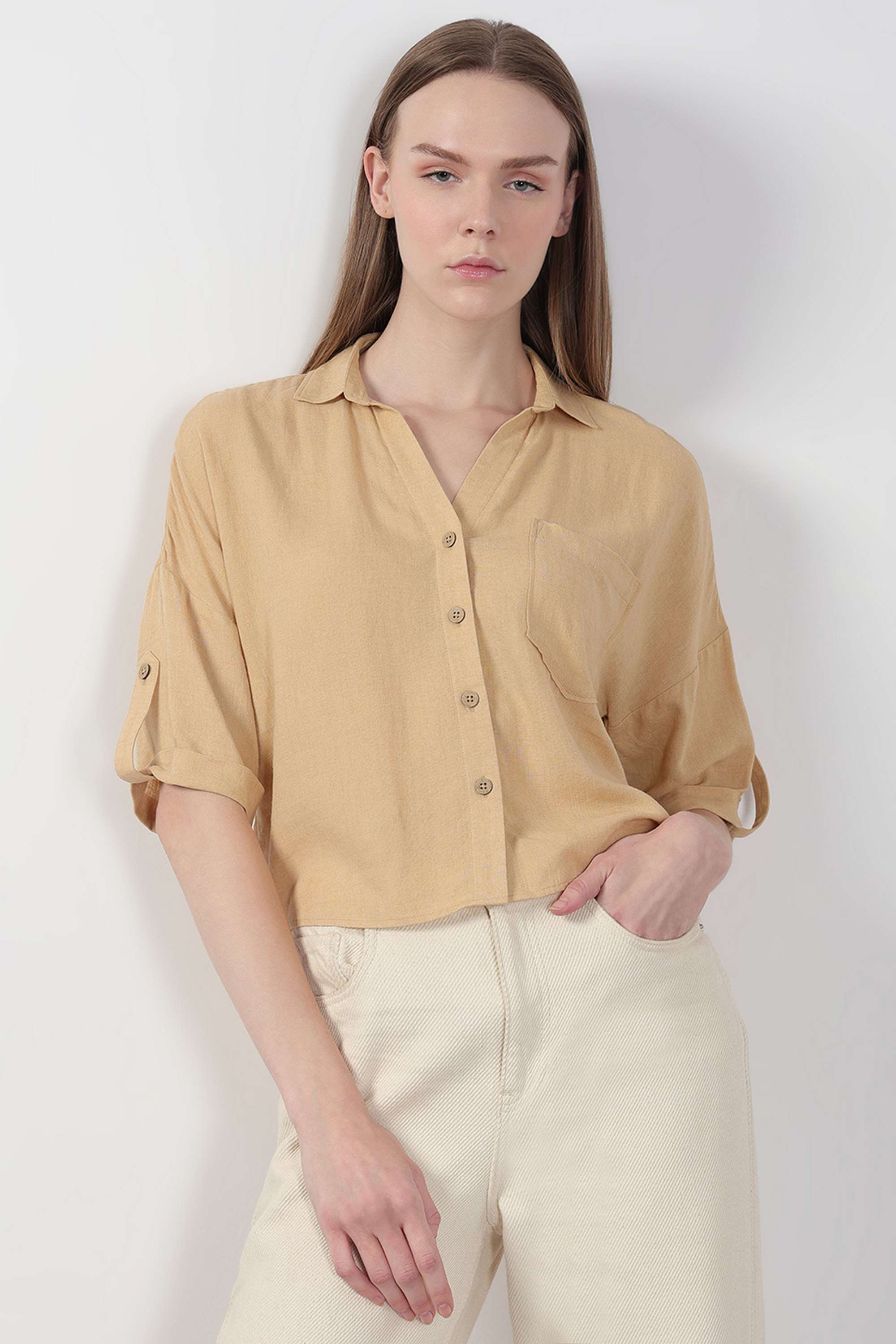 Solid-V-Neck-Viscose-Women-s-Casual-Wear-Shirt
