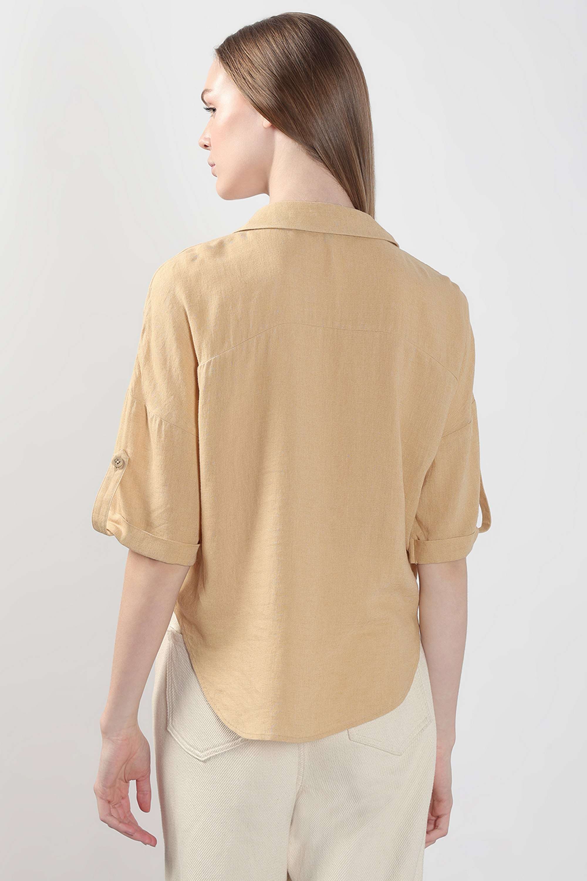 Solid-V-Neck-Viscose-Women-s-Casual-Wear-Shirt
