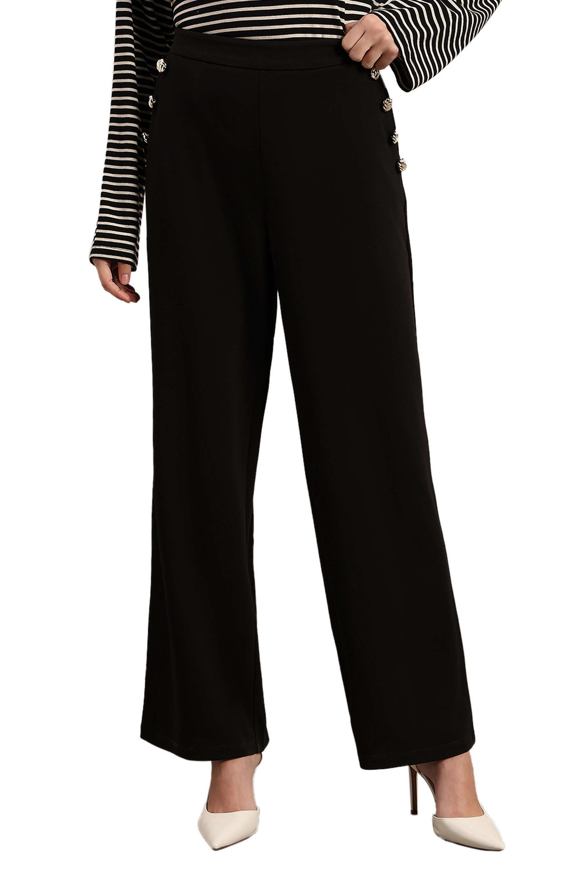 Solid-Polyester-Straight-Fit-Women-s-Pants