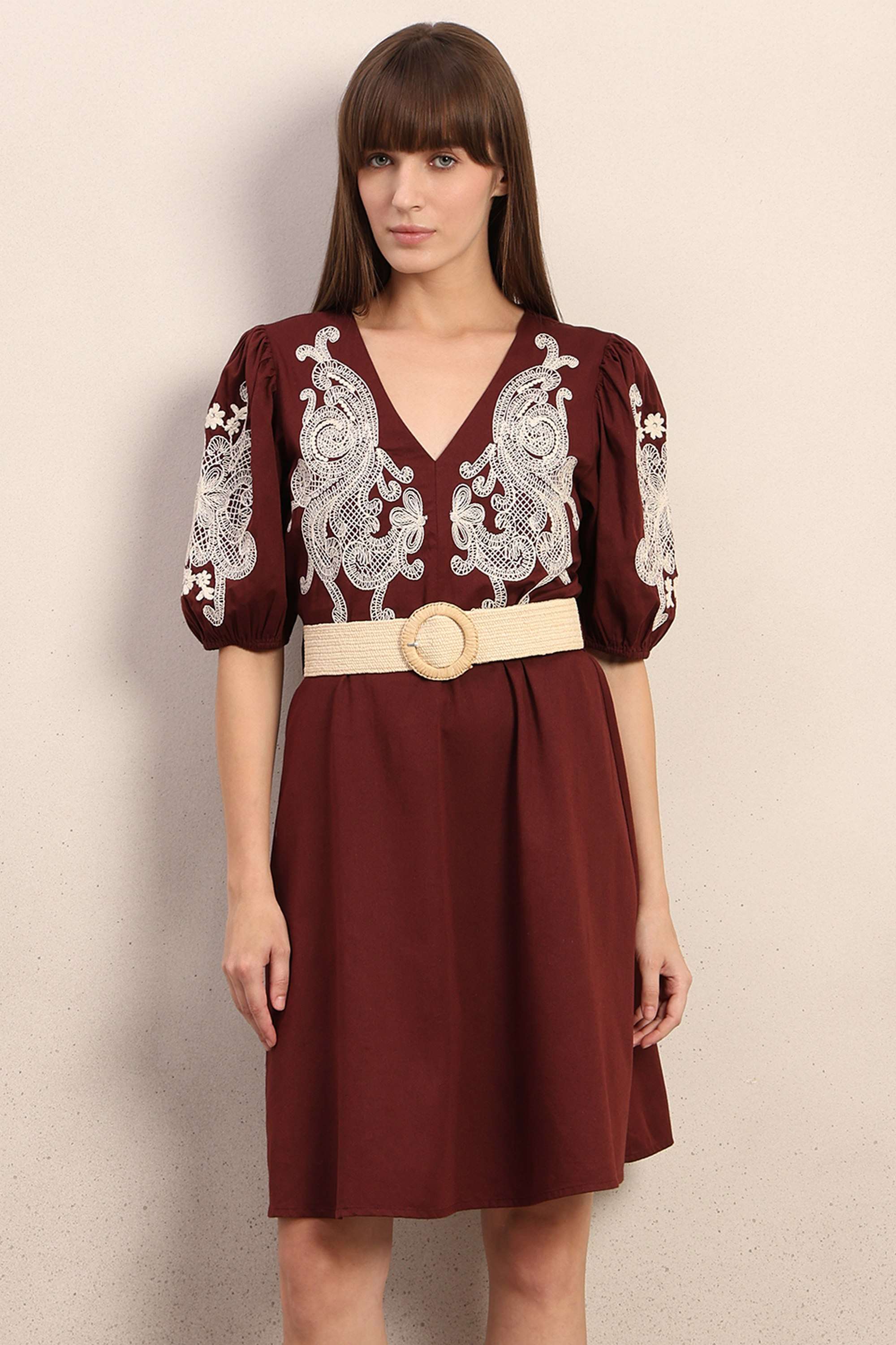 Solid-V-Neck-Viscose-Women-s-Dress