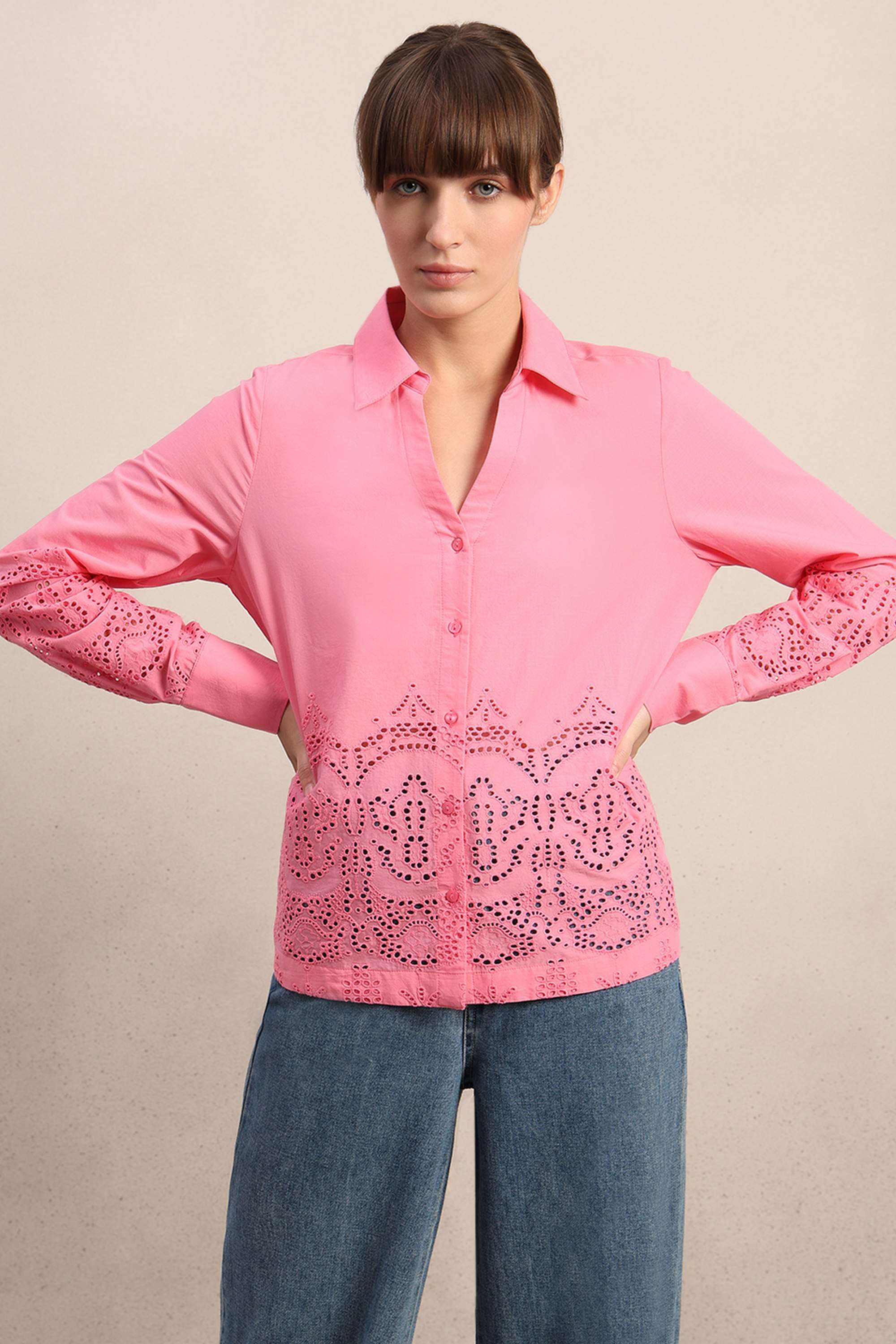 Solid-V-Neck-Cotton-Women-s-Casual-Wear-Shirt