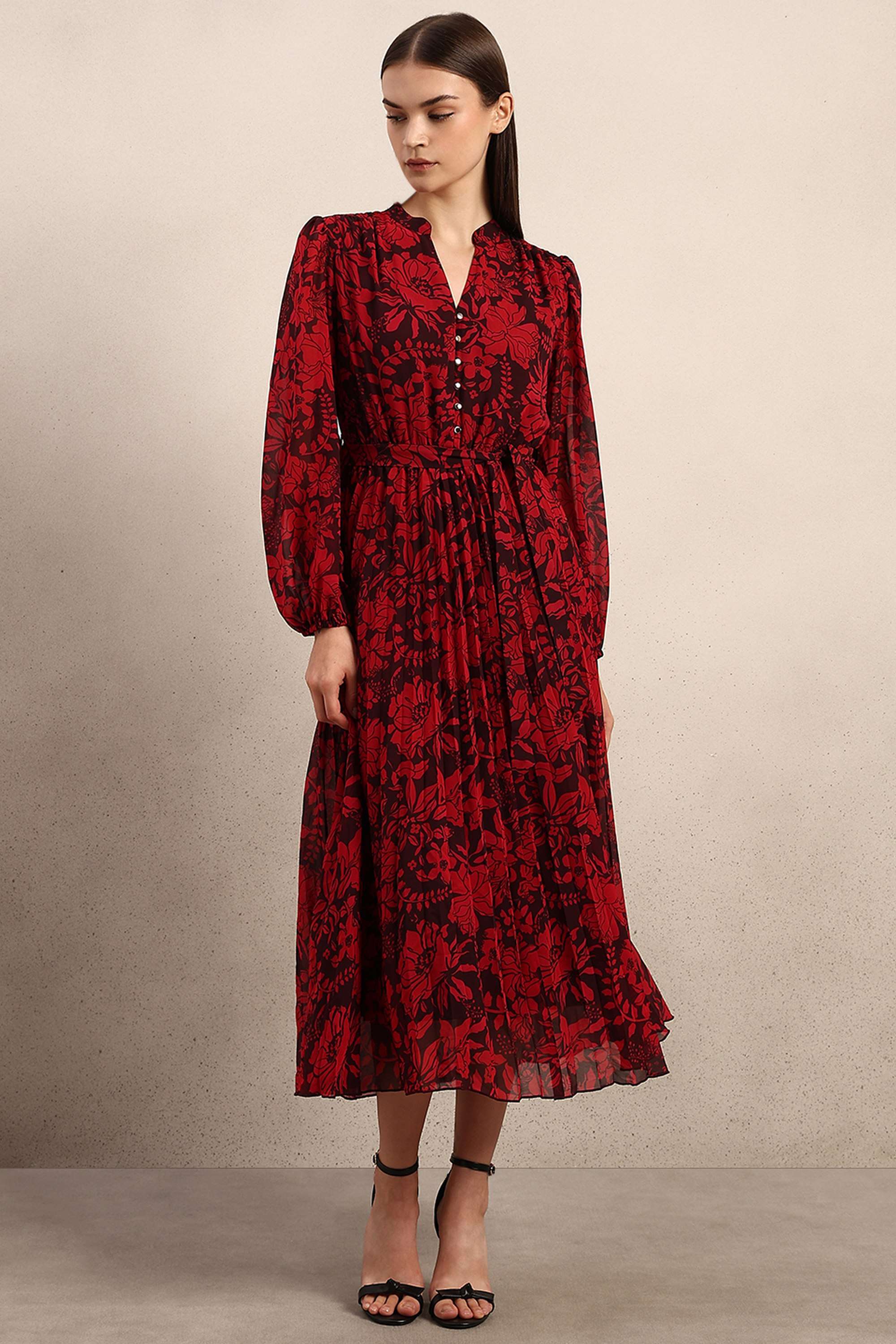 Printed-V-Neck-Polyester-Women-s-Dress