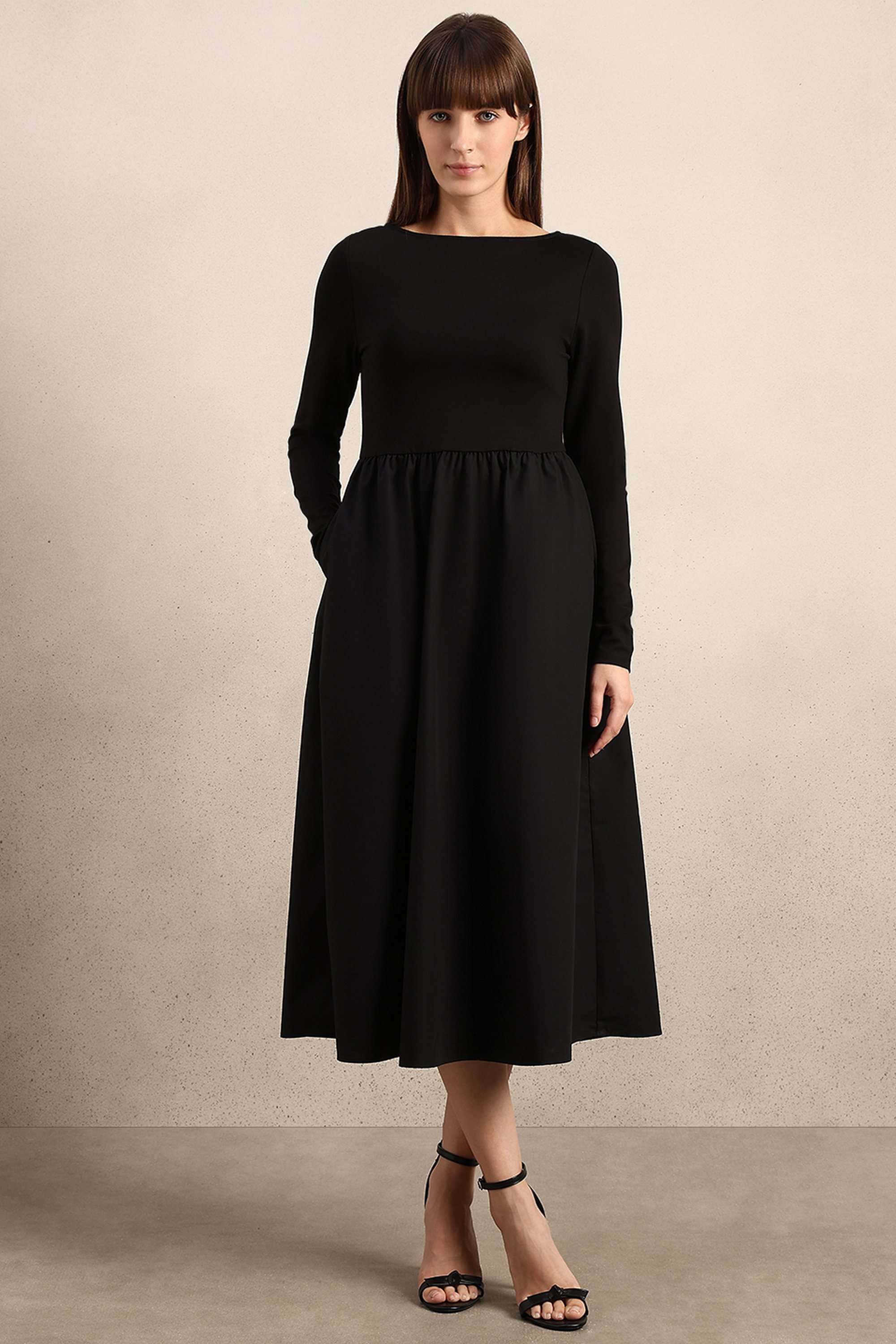 Color-Block-Boat-Neck-Blended-Fabric-Women-Dress