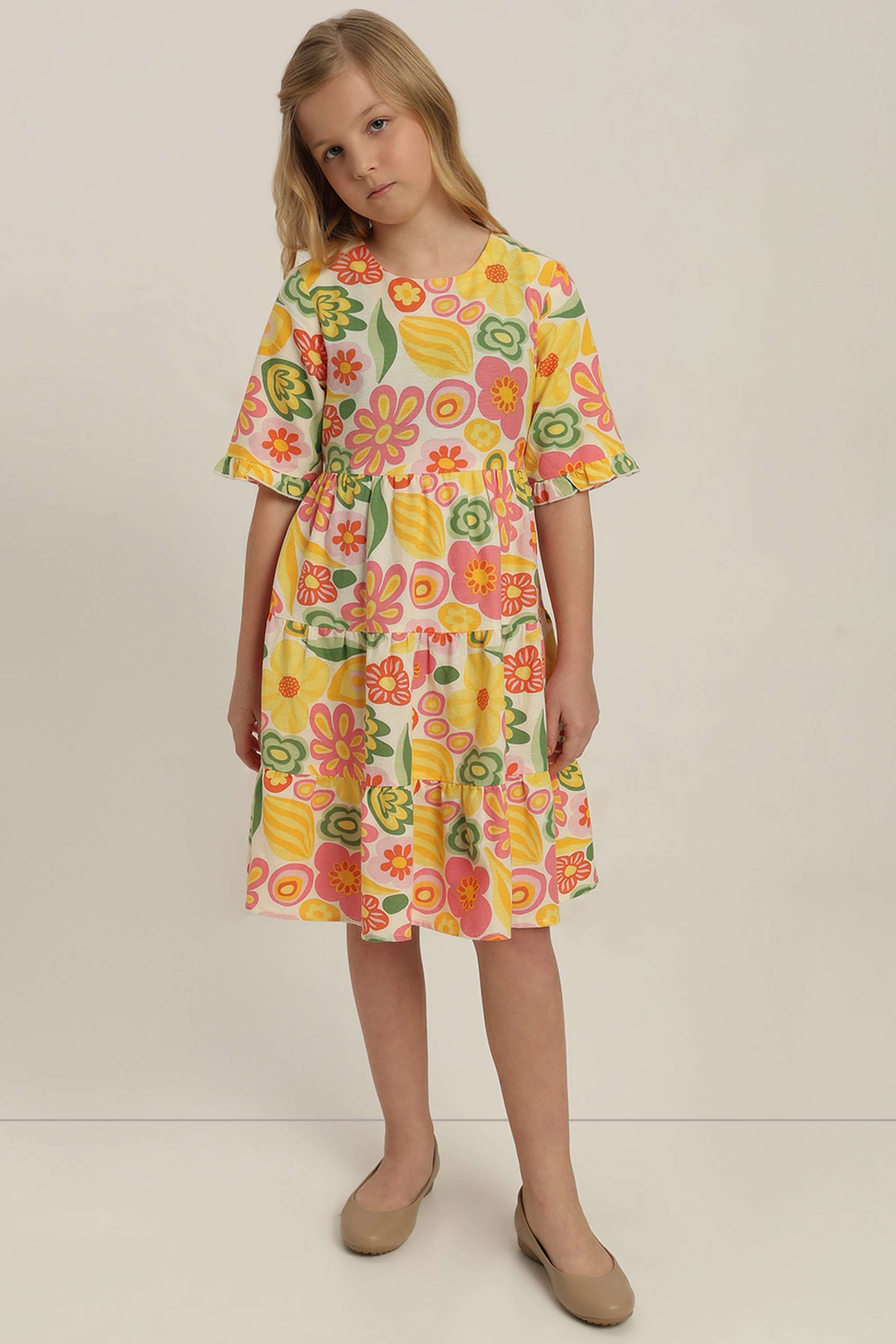 Floral-Blended-Fabric-Round-Neck-Girls-Dress