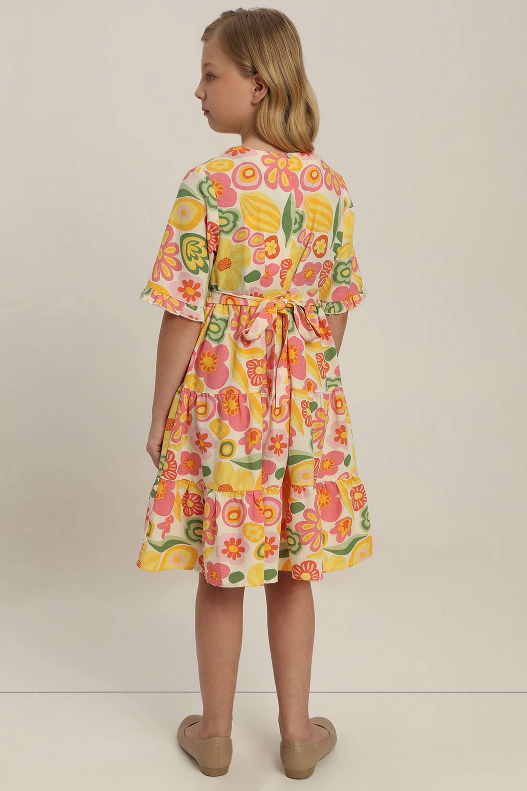 Floral-Blended-Fabric-Round-Neck-Girls-Dress