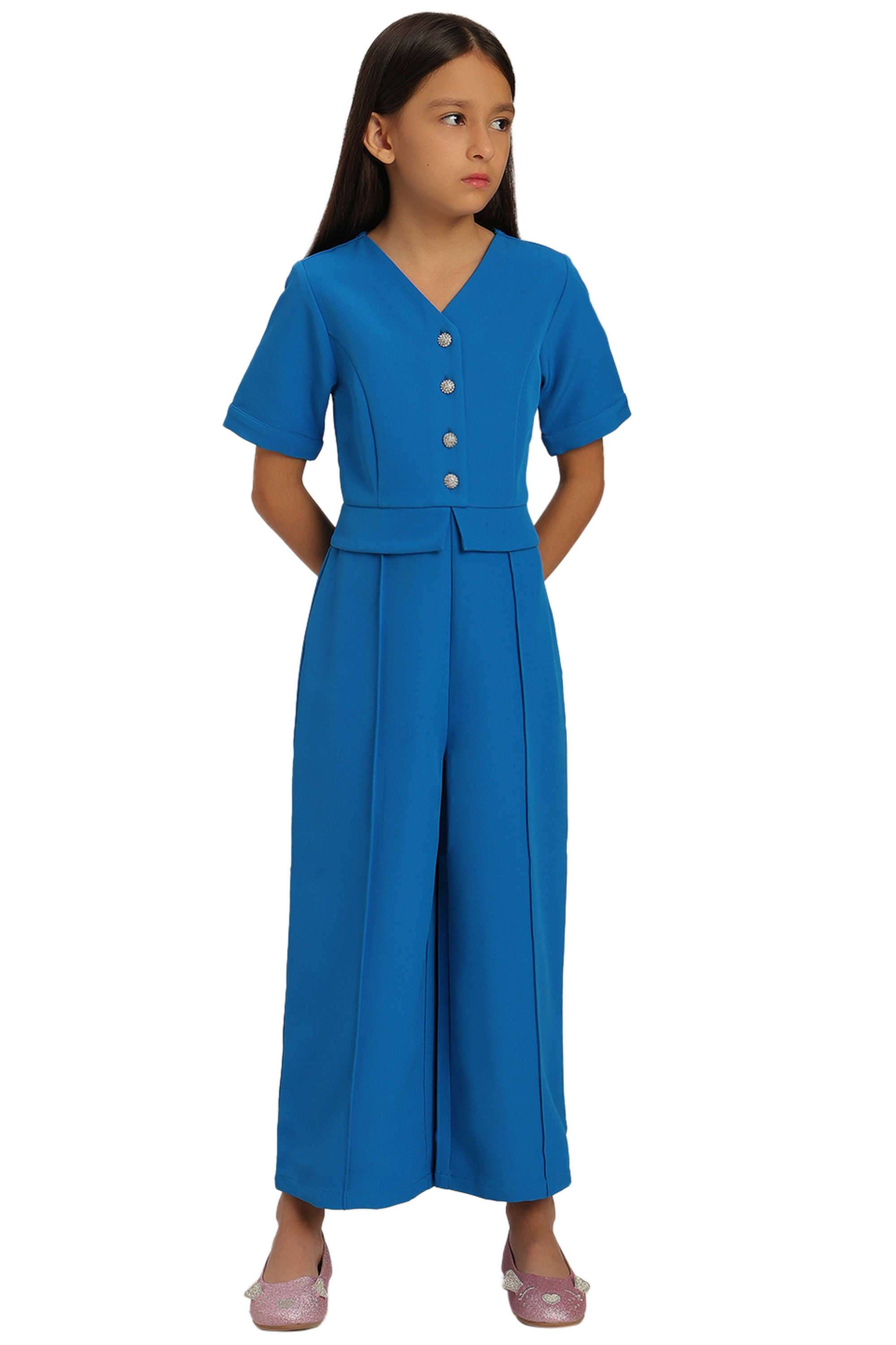 Solid-Polyester-Collared-Girl-s-Casual-Wear-Jumpsuit