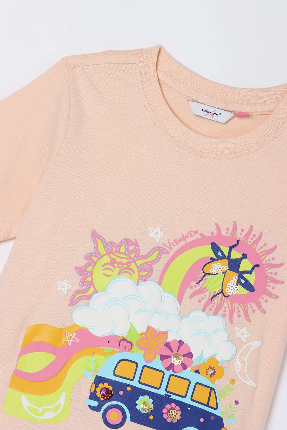 Solid-Blended-Fabric-Round-Neck-Girls-T-Shirt