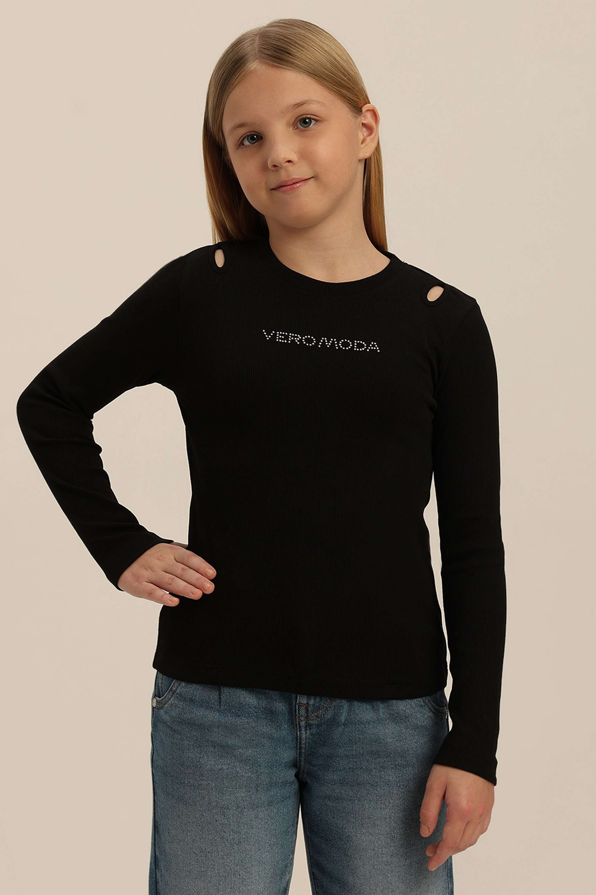 Solid-Blended-Fabric-Round-Neck-Girls-T-Shirt