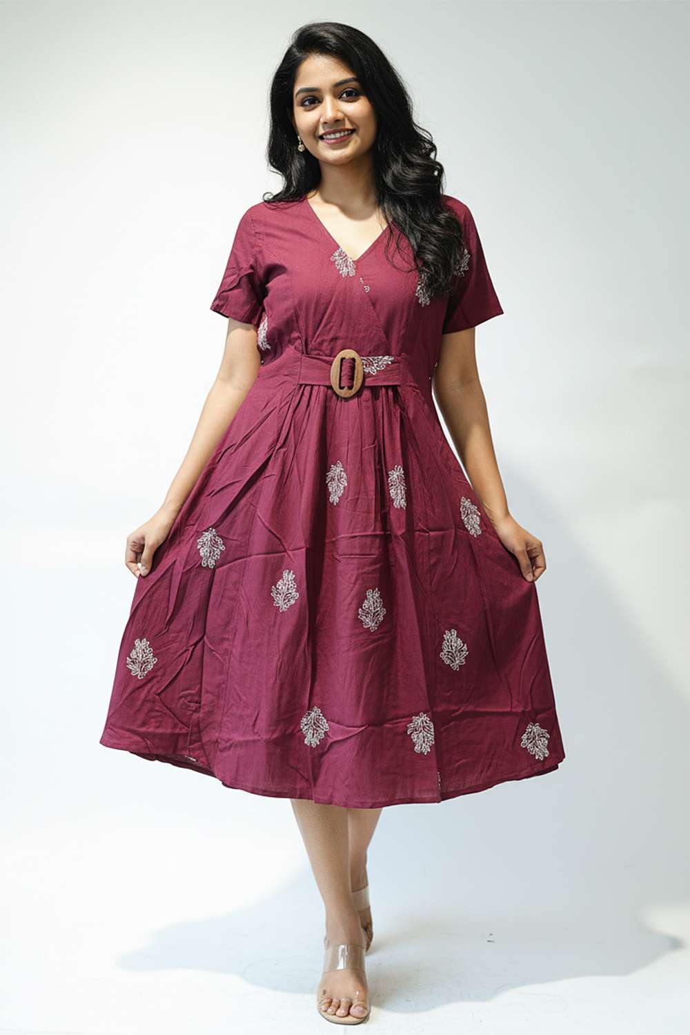 intune Embroidered V-Neck Cotton Women Dress-picture-29