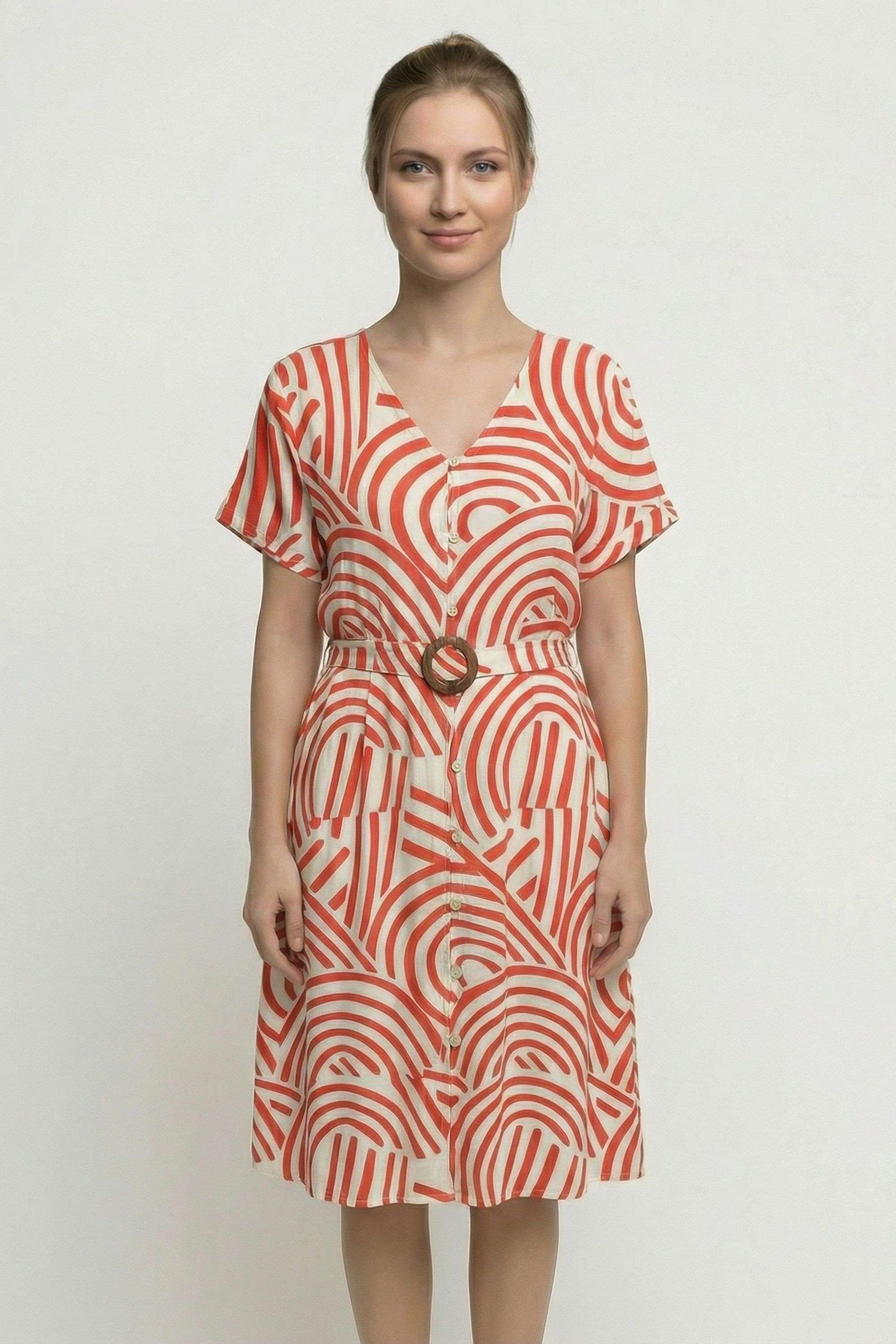 Viscose Regular Fit Short Sleeves Button Casual Wear Women Dress-image-2