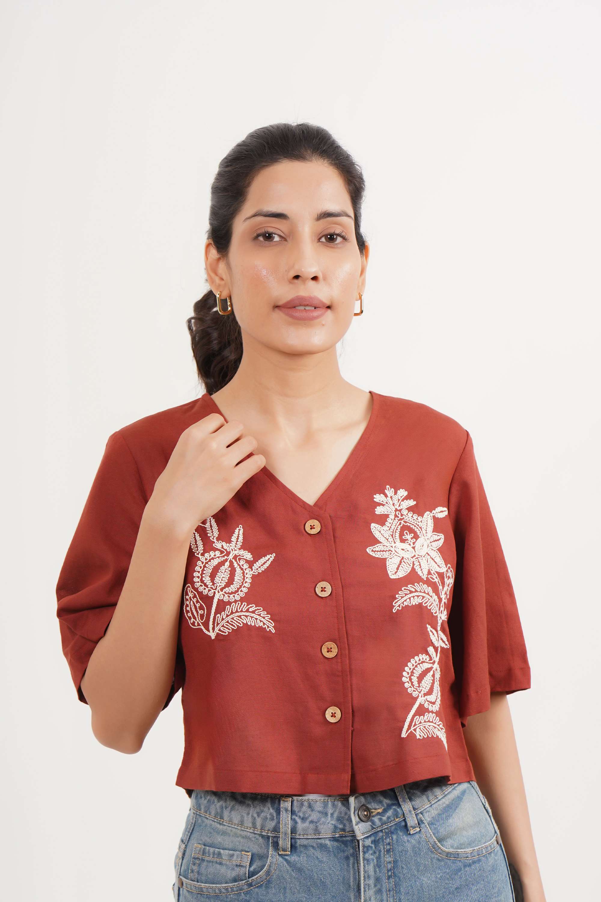 intune Embroidered Rayon V-Neck Women Top-picture-10