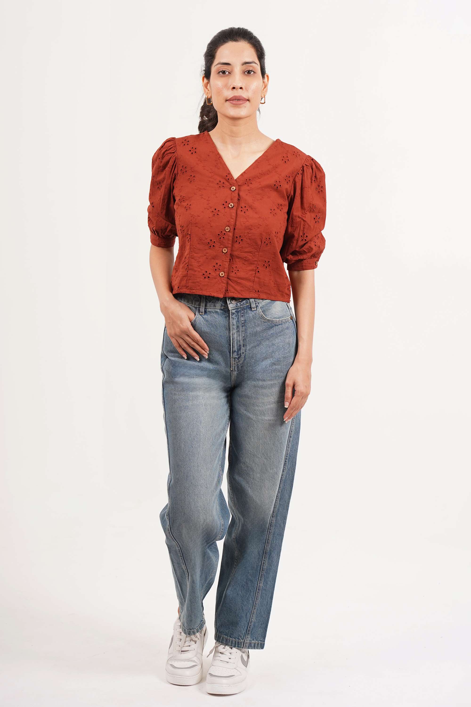 intune Schiffli Cotton V-Neck Women Top-picture-39