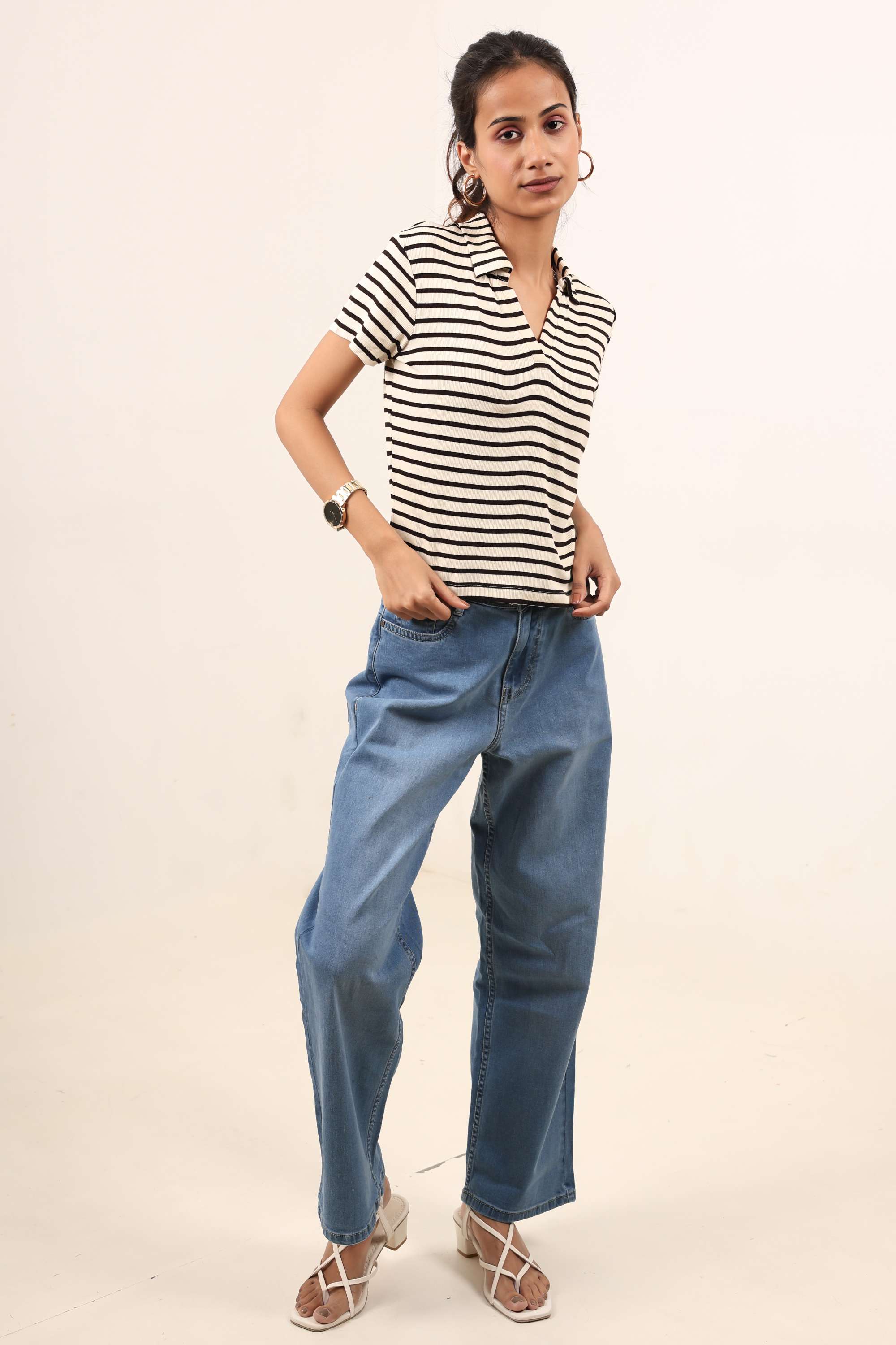 Stripes Viscose Round Neck Women T-Shirt-image-49