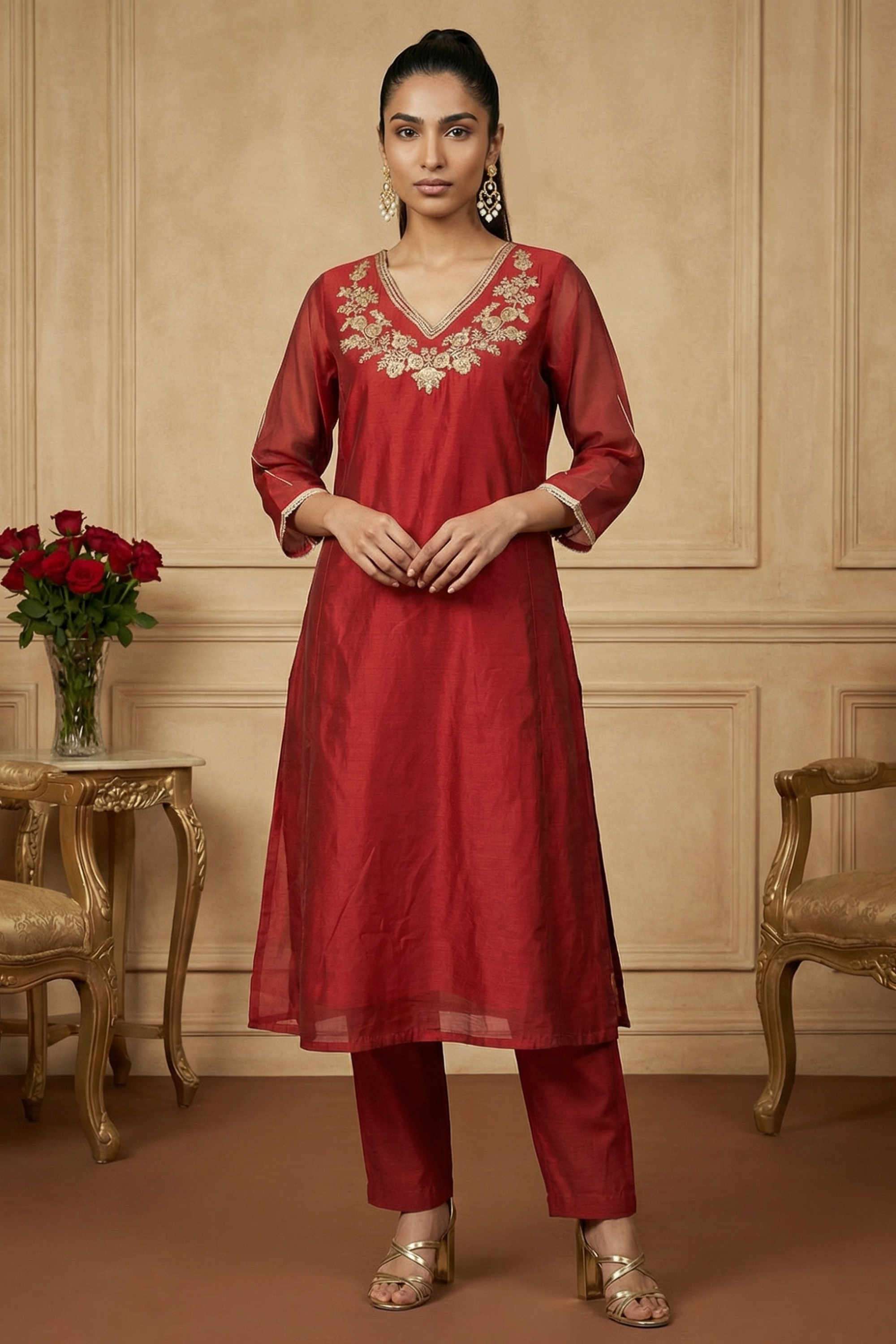 Embroidered-Viscose-V-Neck-Women-s-Festive-Wear-Kurta