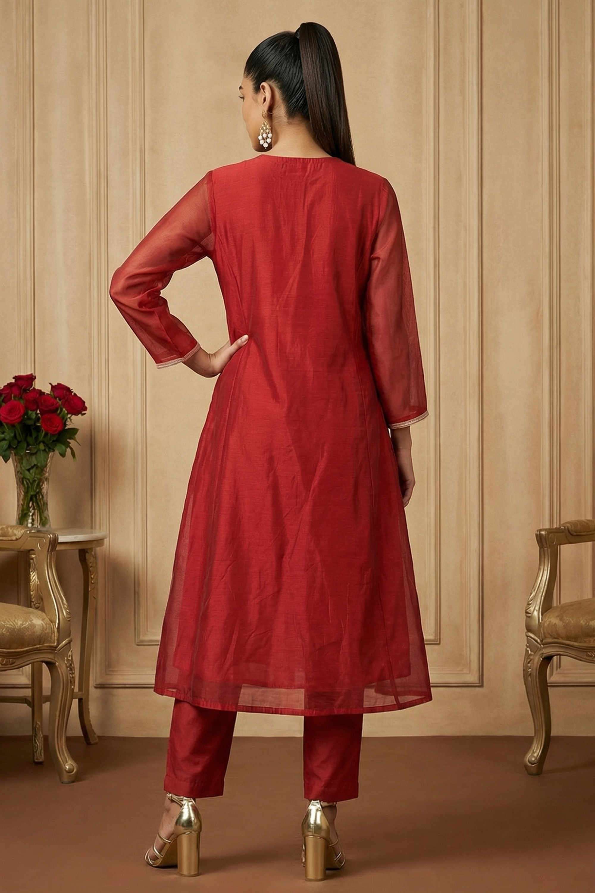 Embroidered-Viscose-V-Neck-Women-Fusion-Wear-Kurta