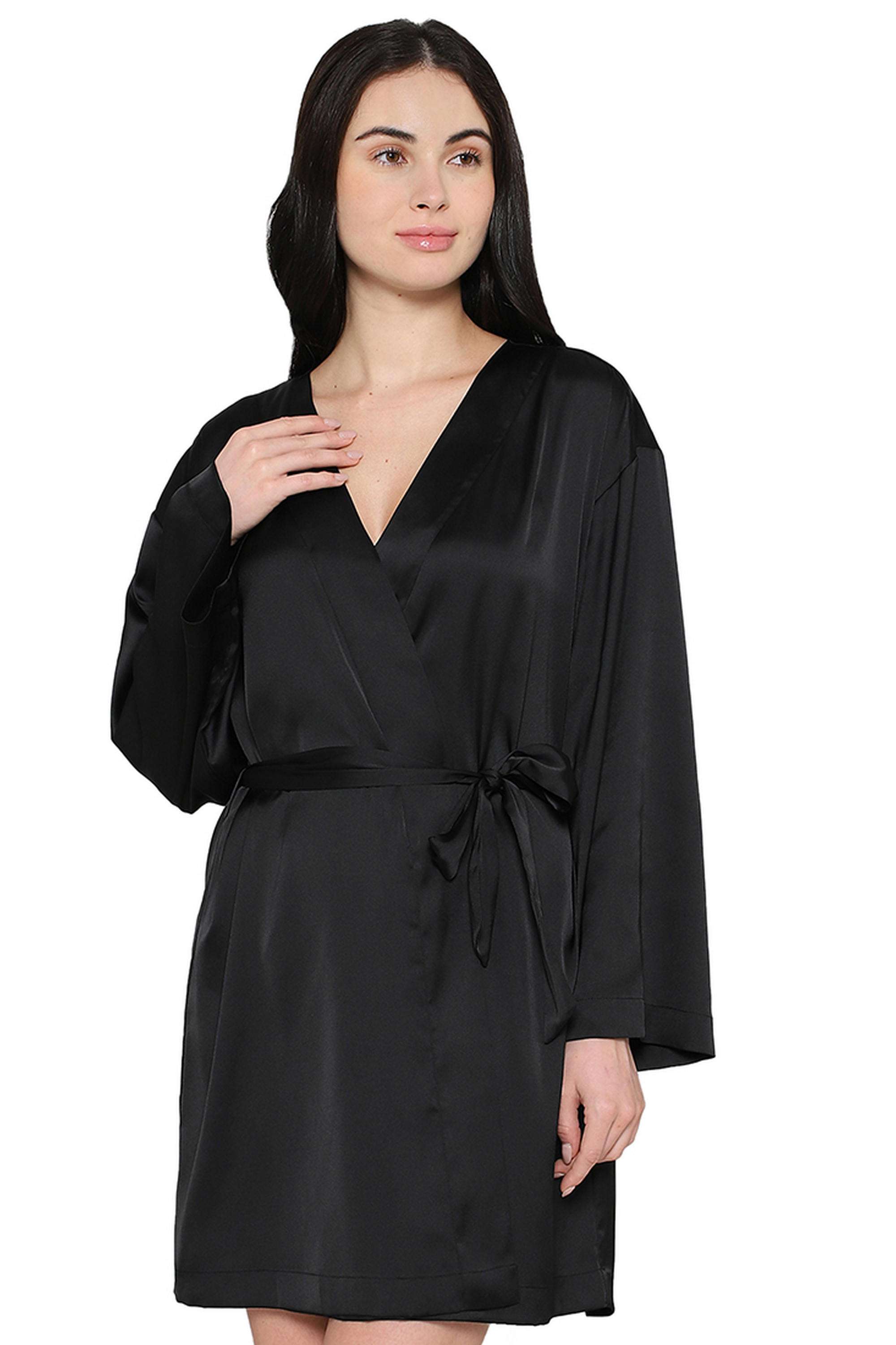 Women-s-Lacy-Sleeves-Knee-Length-Shiny-Finish-Wrap-Over-Bridal-Wear-Satin-Robe