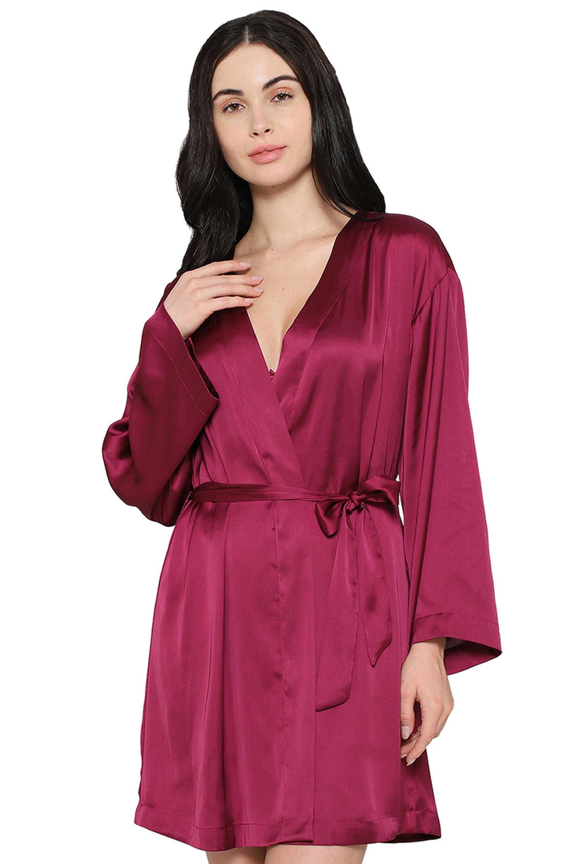 Women-s-Lacy-Sleeves-Knee-Length-Shiny-Finish-Wrap-Over-Bridal-Wear-Satin-Robe