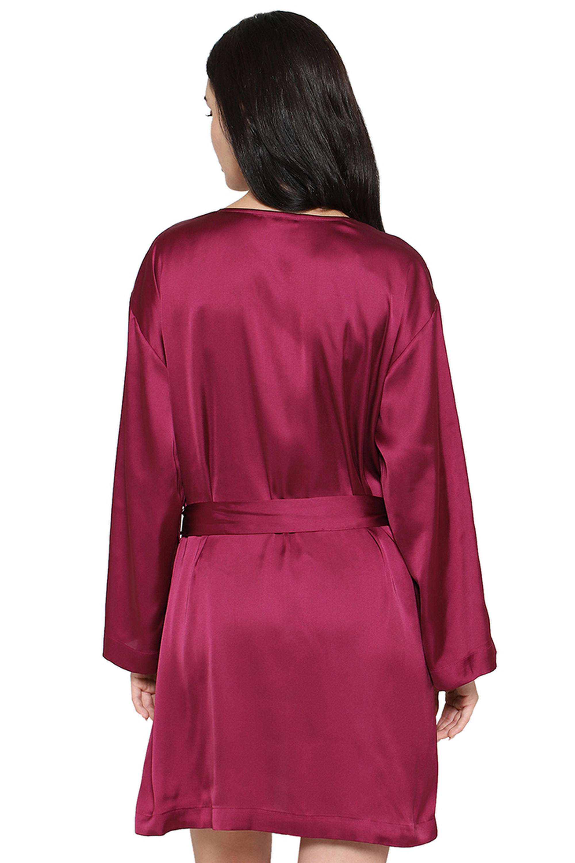 Women-s-Lacy-Sleeves-Knee-Length-Shiny-Finish-Wrap-Over-Bridal-Wear-Satin-Robe