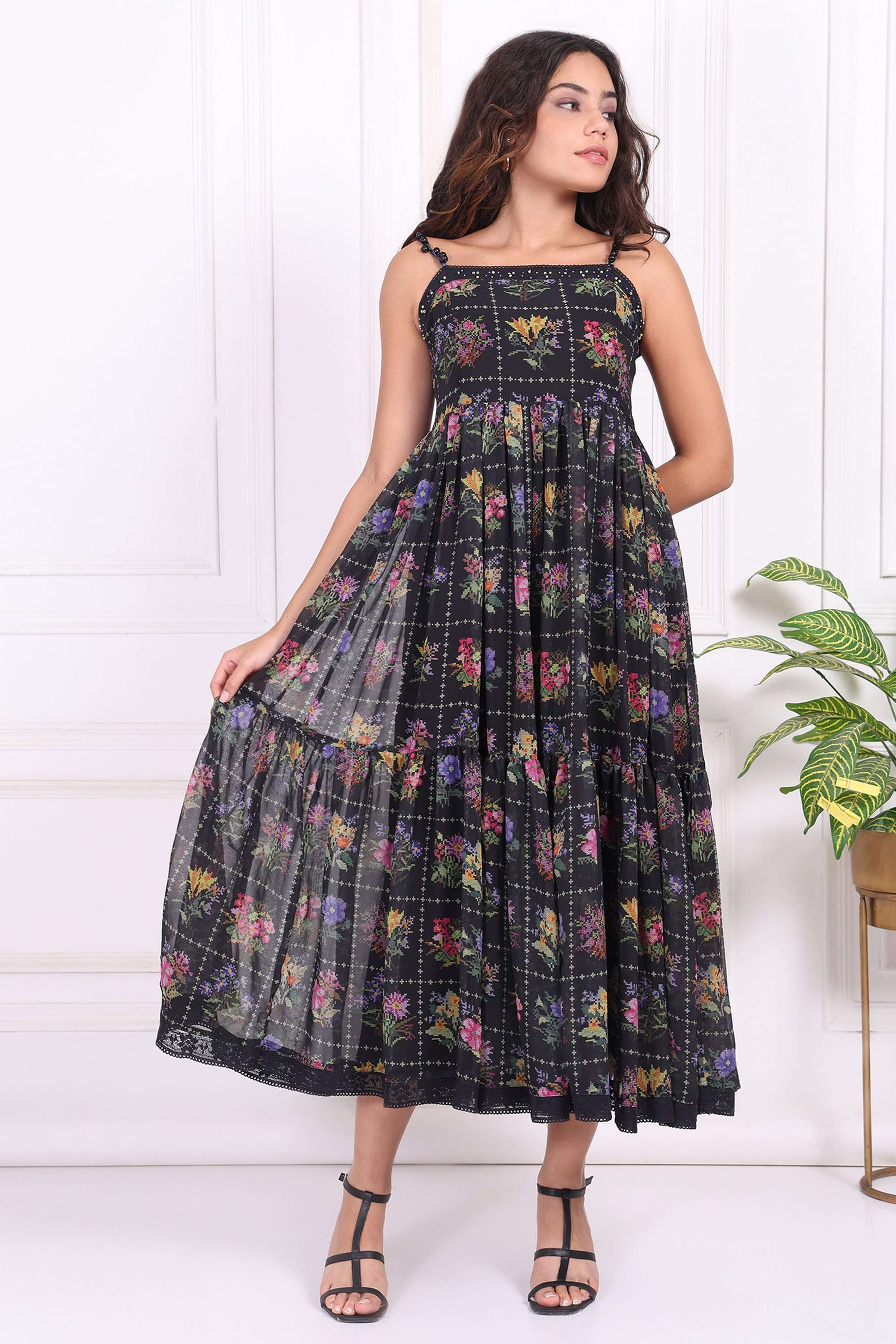 Floral-Blended-Fabric-Square-Neck-Women-s-Dress