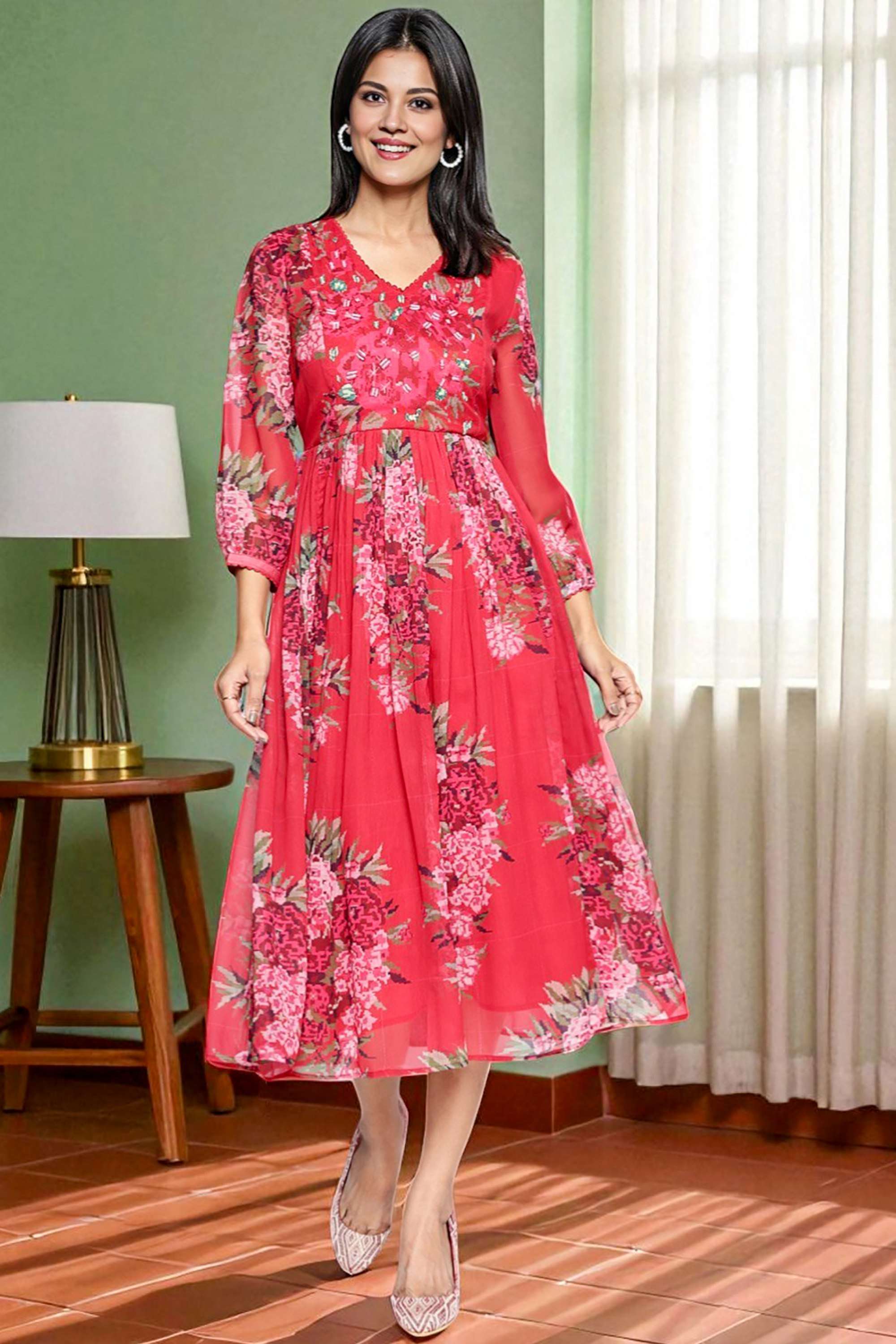 Floral-Poly-Chiffon-V-Neck-Women-s-Fusion-Wear-Kurta