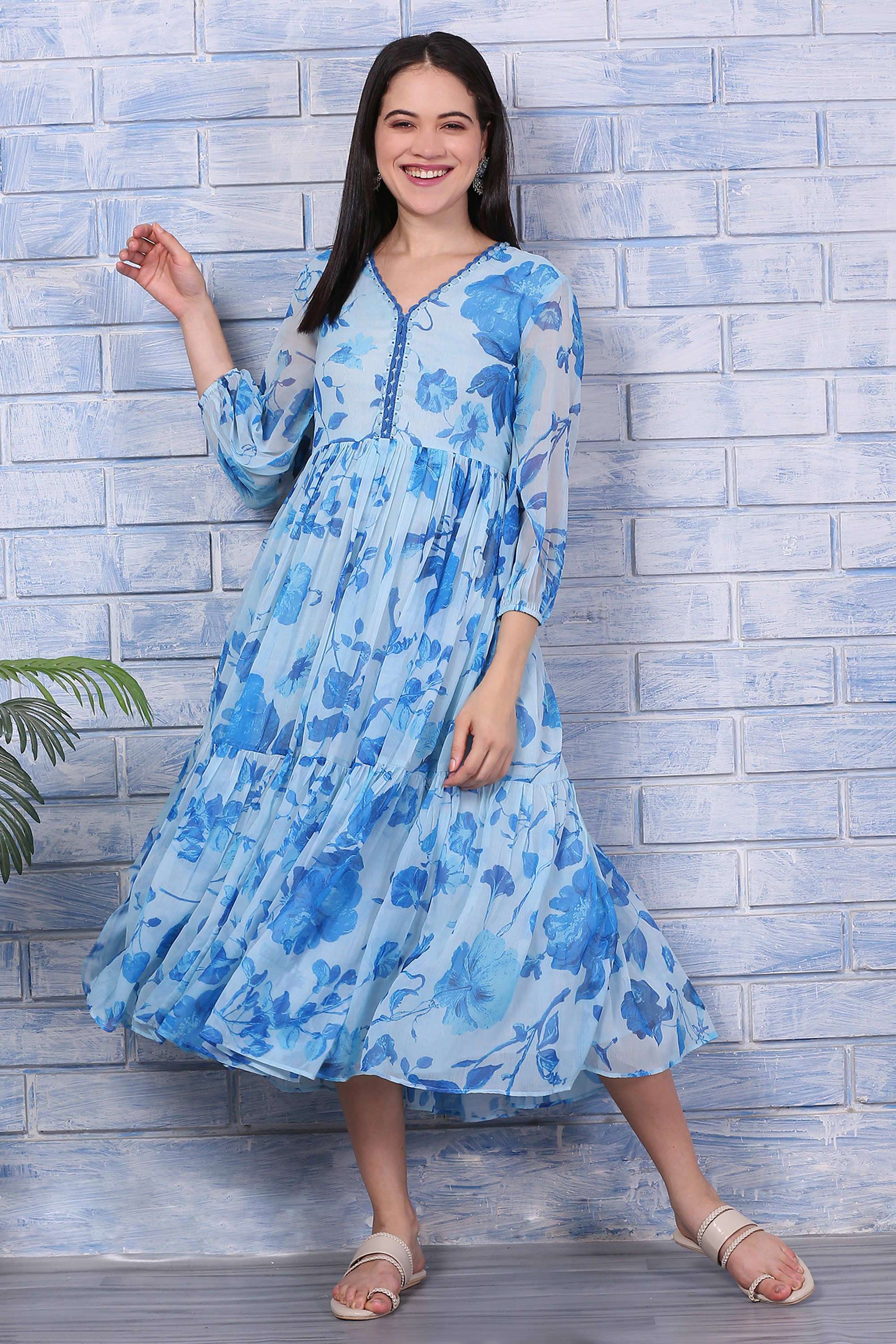 Floral-V-Neck-Poly-Chiffon-Women-s-Calf-Length-Dress