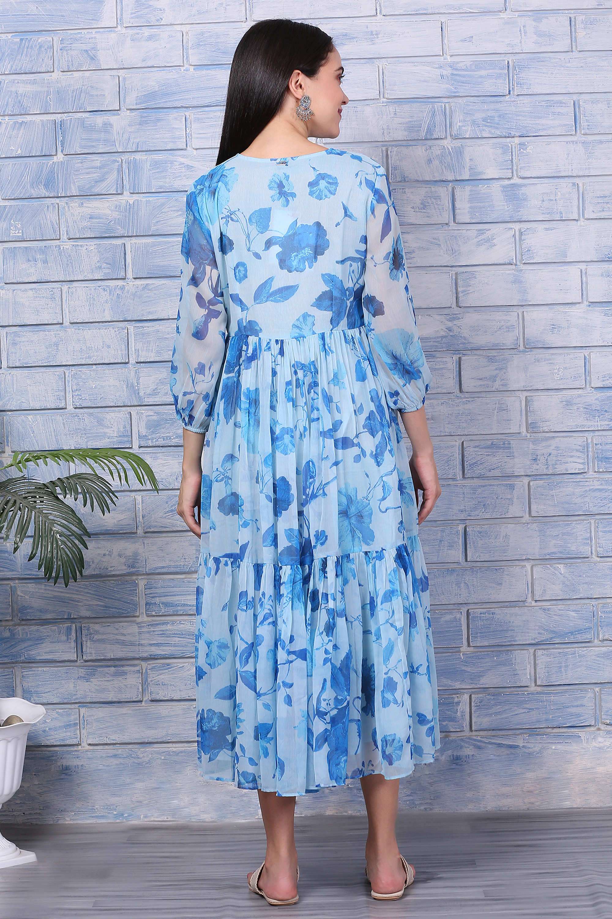 Floral-V-Neck-Poly-Chiffon-Women-s-Calf-Length-Dress