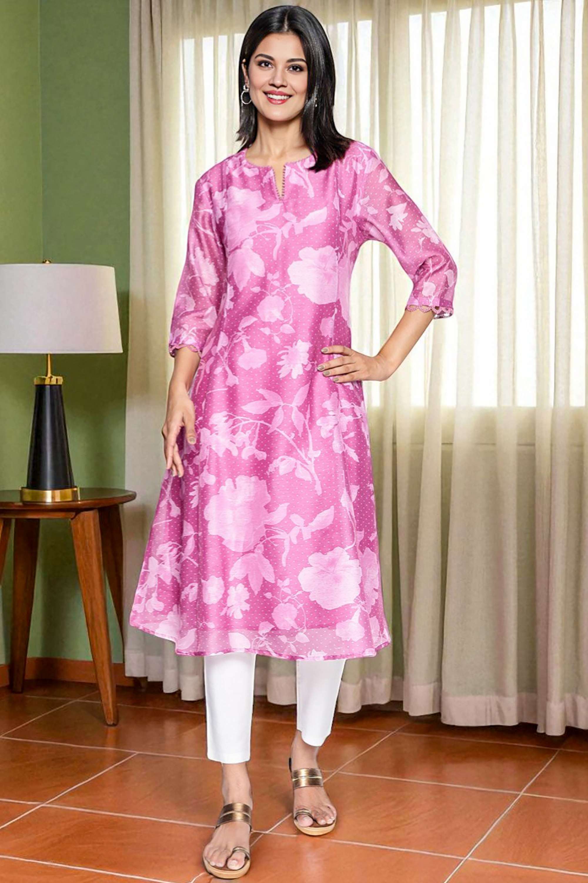 Floral-Polyester-Round-Neck-Women-s-Fusion-Wear-Kurta