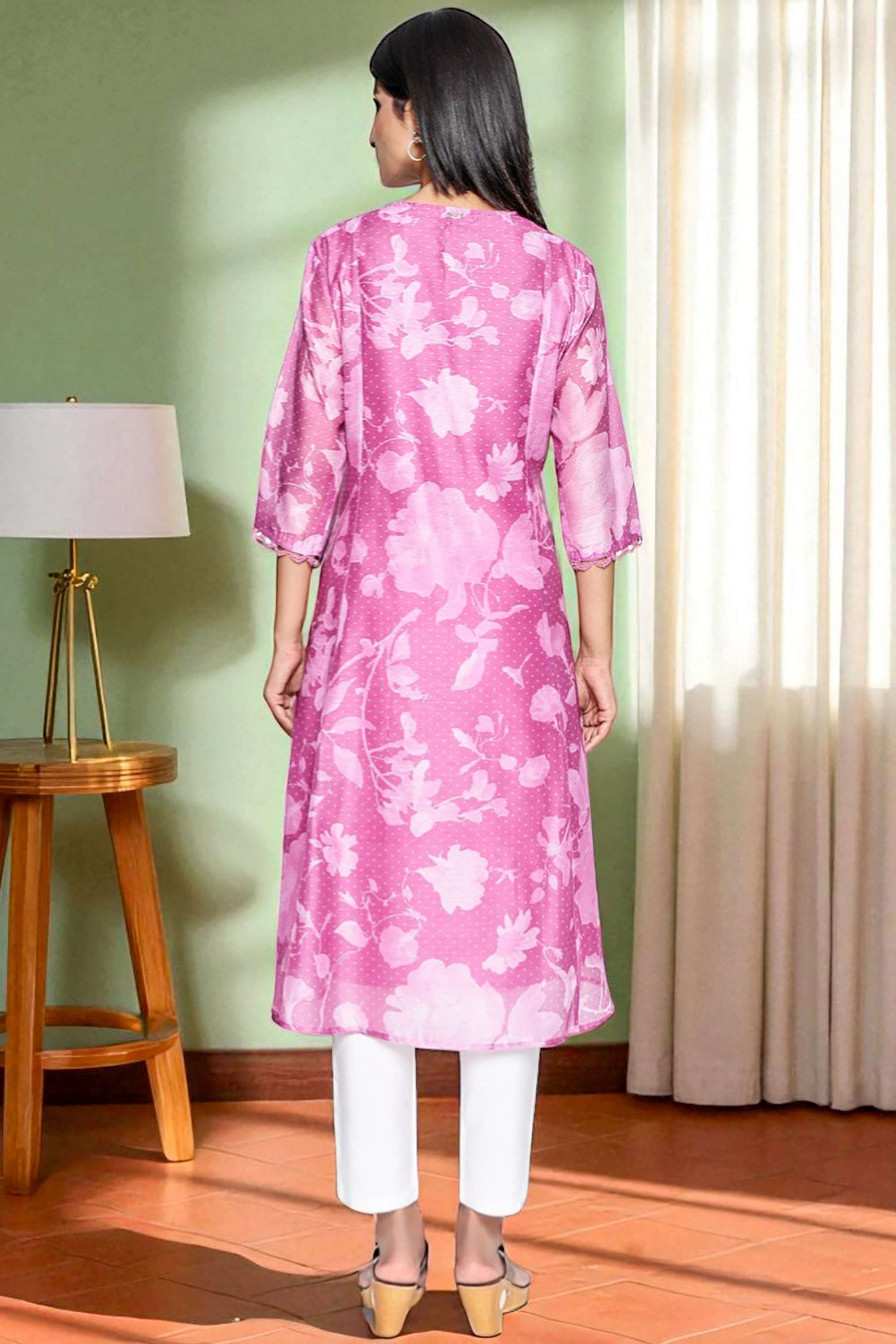 Floral-Polyester-Round-Neck-Women-s-Fusion-Wear-Kurta