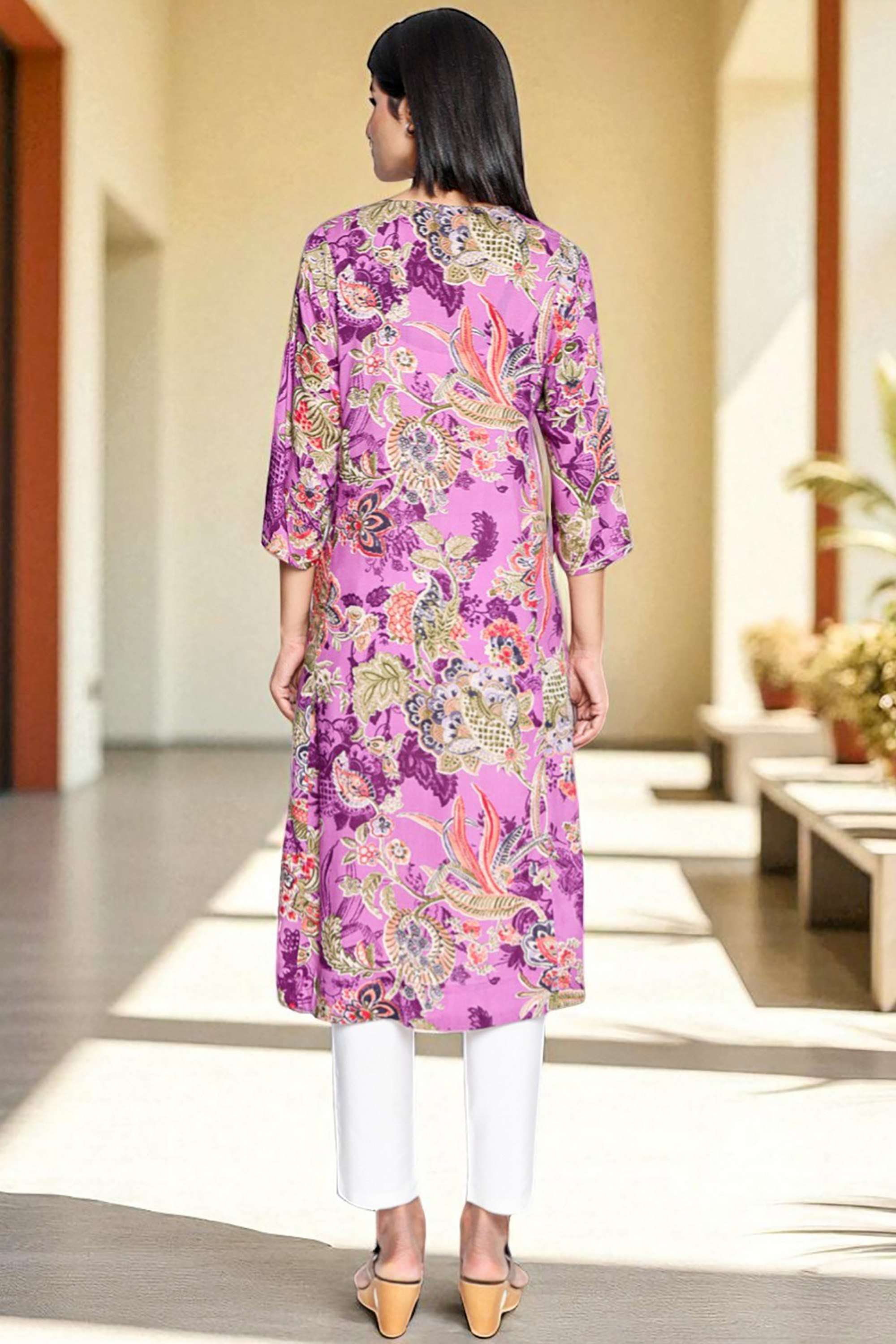 Floral-Viscose-V-Neck-Women-Casual-Wear-Kurta