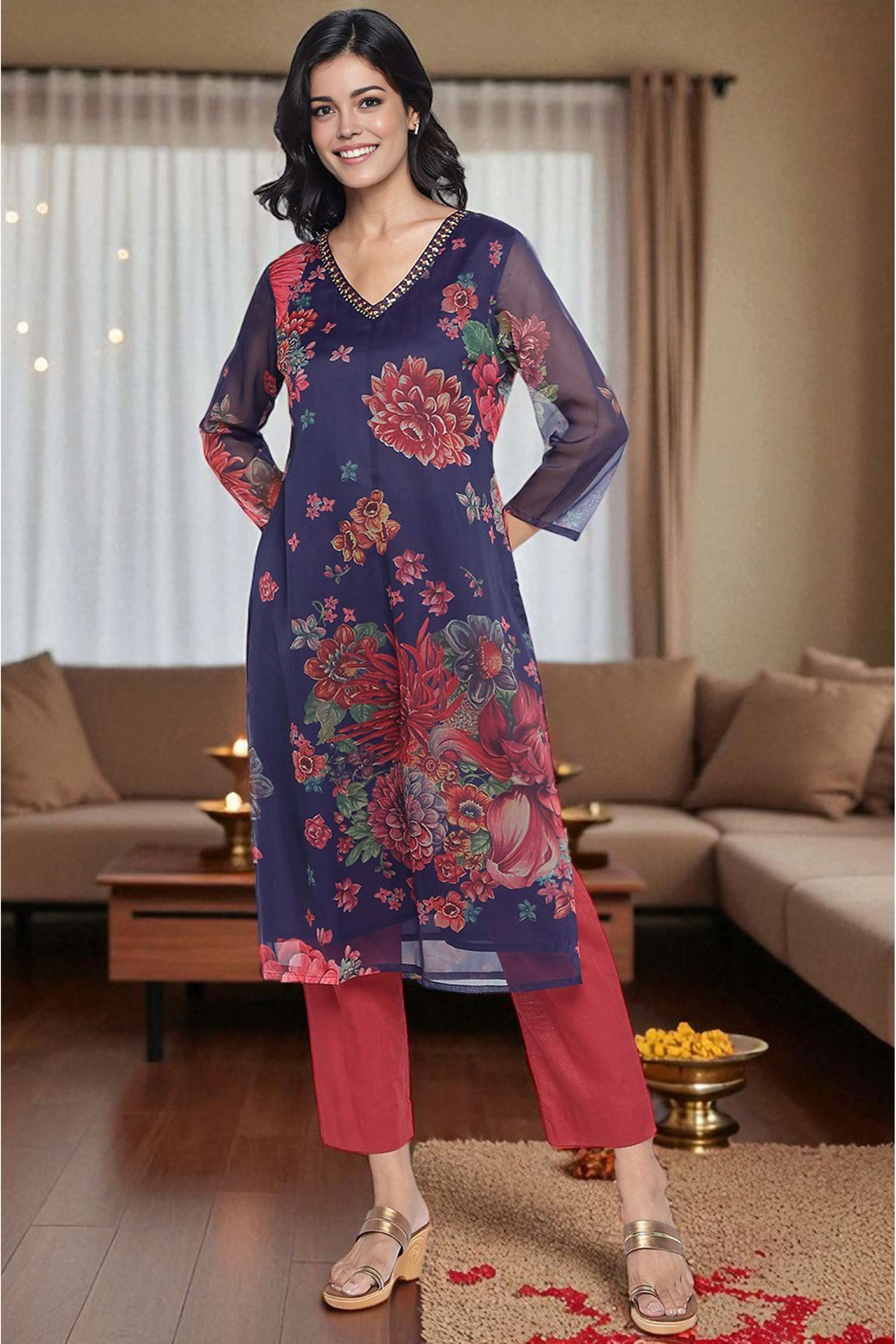 Floral-Polyester-V-Neck-Women-s-Fusion-Wear-Kurta