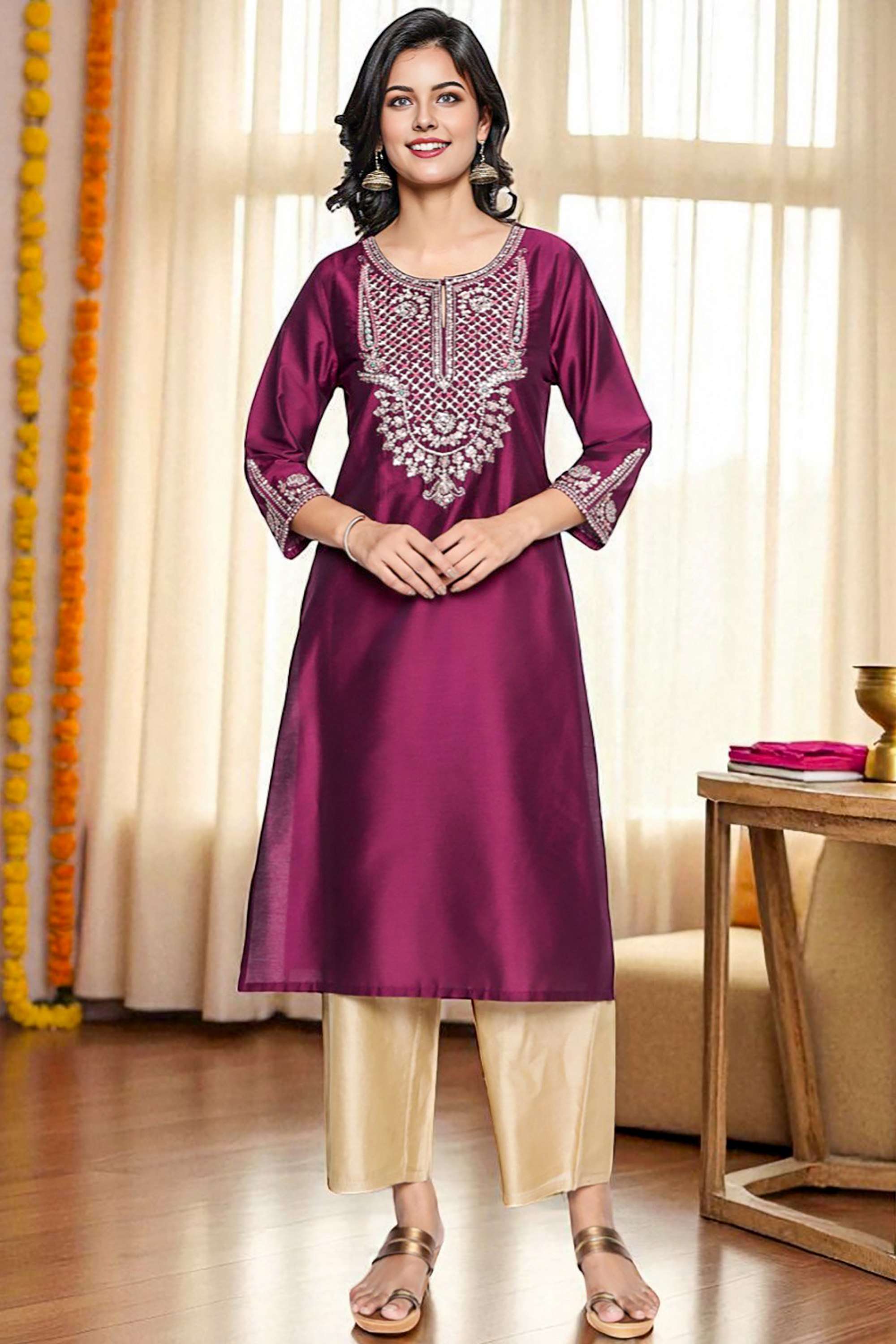 Solid-Viscose-Round-Neck-Women-Festive-Wear-Kurta