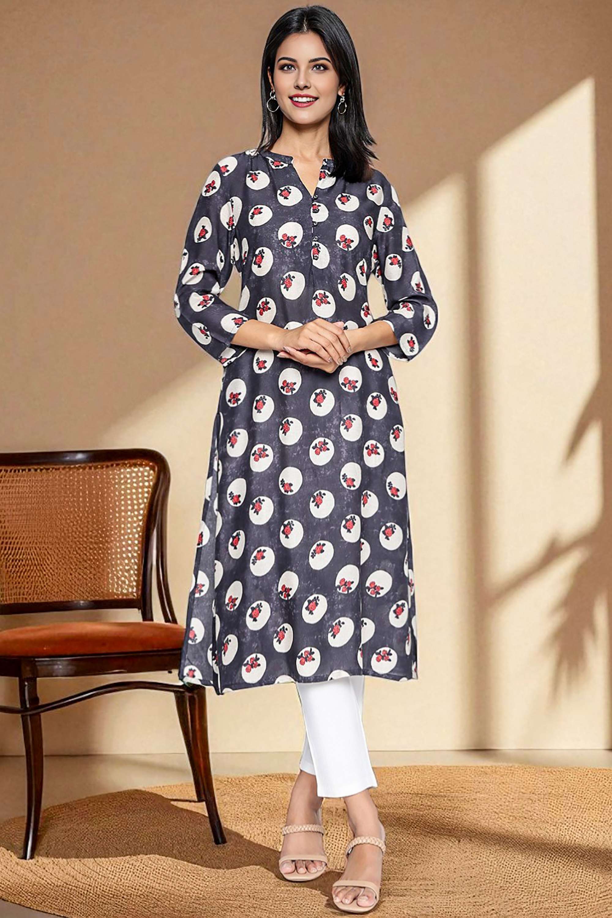 Floral-Viscose-Round-Neck-Women-s-Fusion-Wear-Kurta