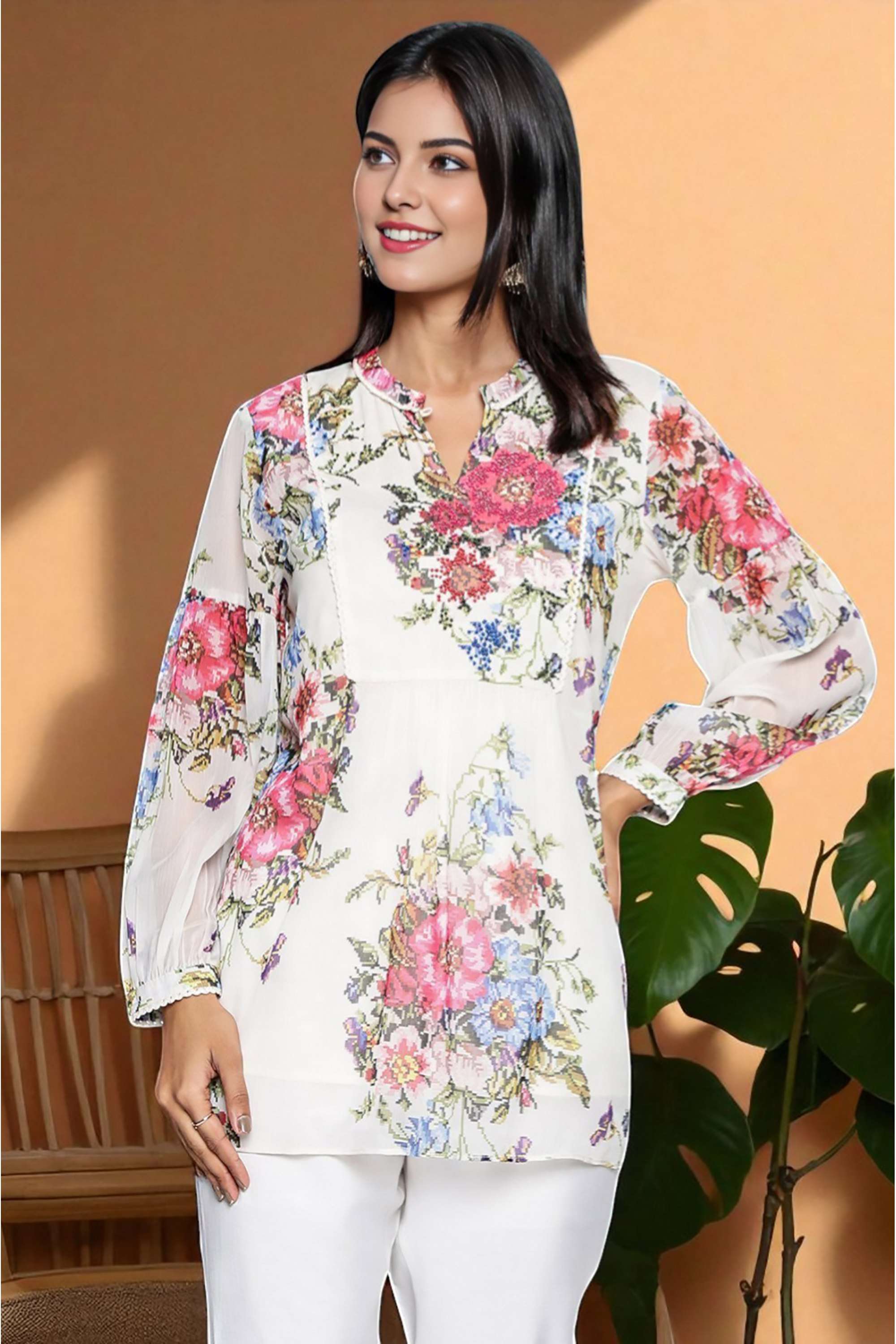 Floral-Blended-Fabric-Round-Neck-Women-s-Top