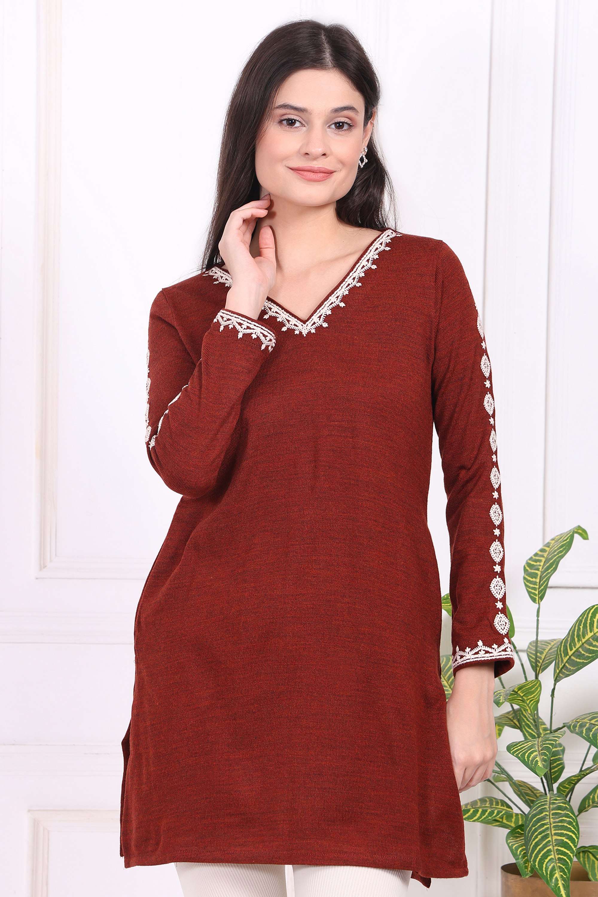 Solid-Acrylic-V-Neck-Women-s-Tunic