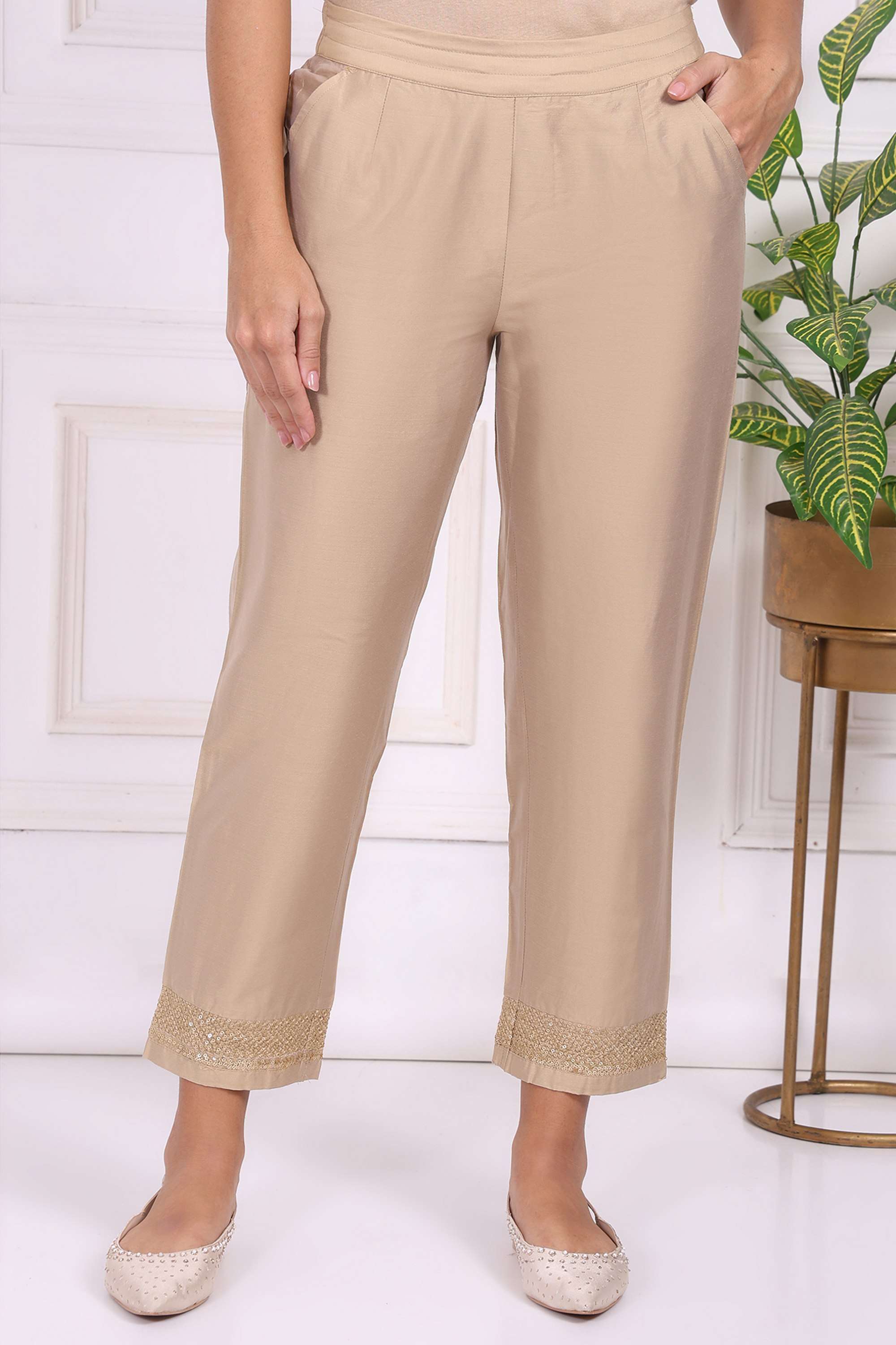 Solid-Ankle-Length-Blended-Fabric-Woven-Women-Pant