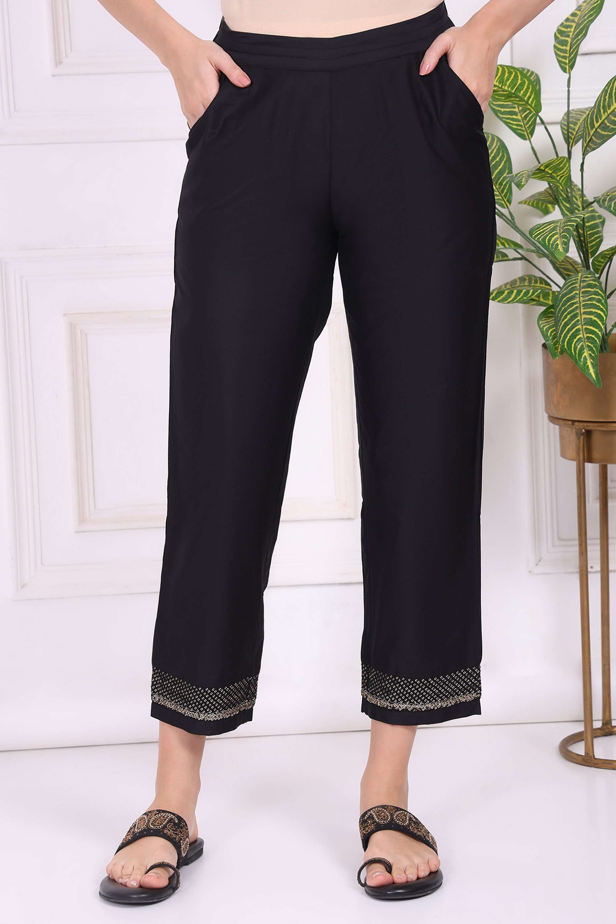 Solid-Straight-Fit-Blended-Fabric-Women-s-Festive-Wear-Pants