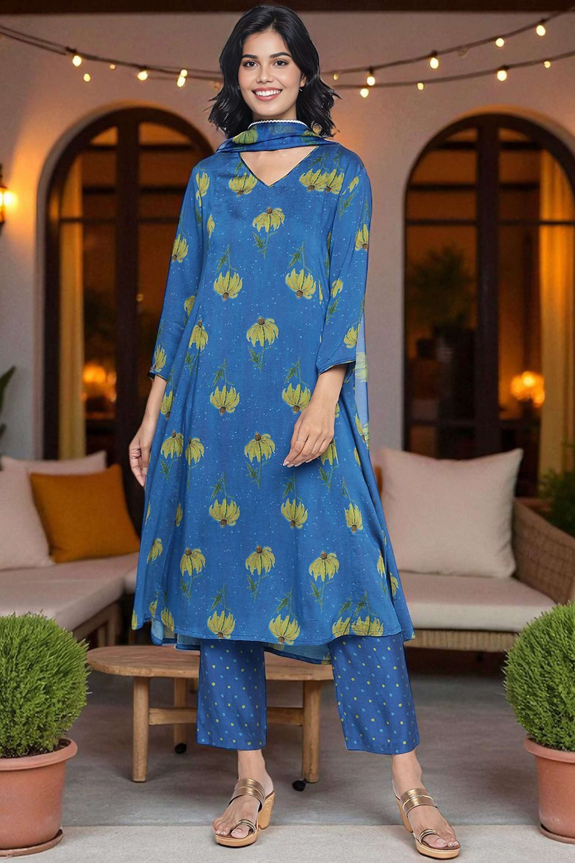 Floral-Viscose-V-Neck-Women-s-Fusion-Wear-Kurta-set