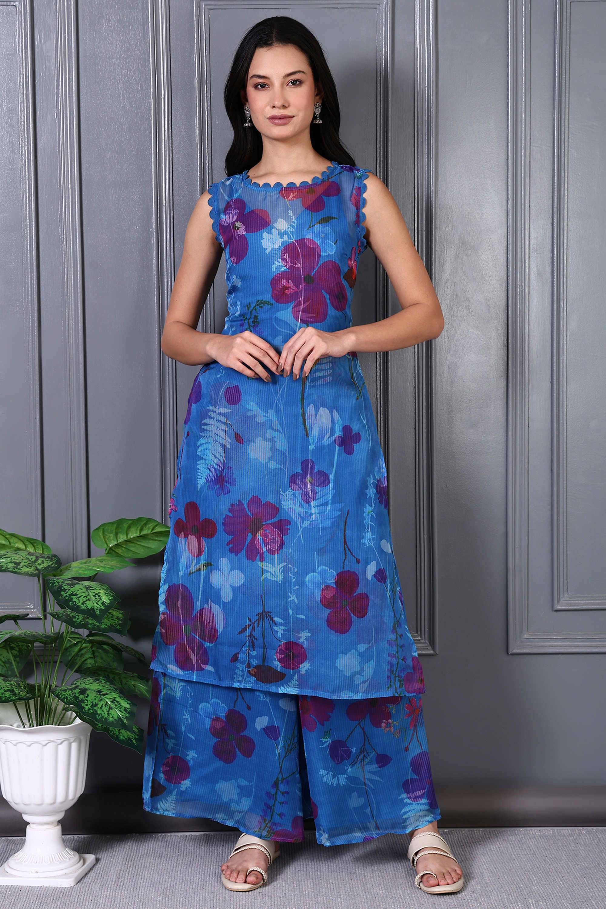 Floral-Calf-Length-Organza-Woven-Women-s-Kurta-Set
